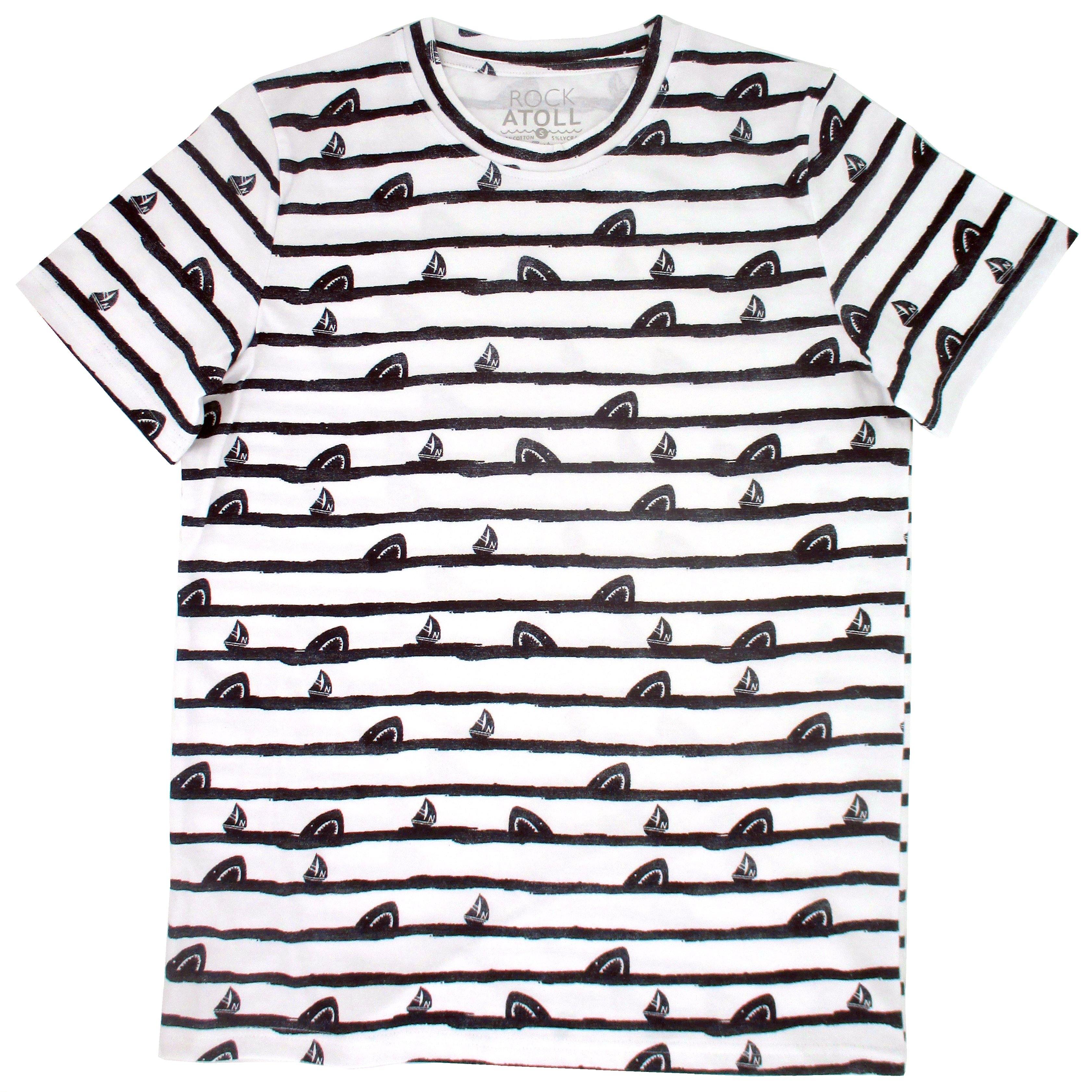 Rock Atoll Shark and Sailboat Waves Striped Tee in White