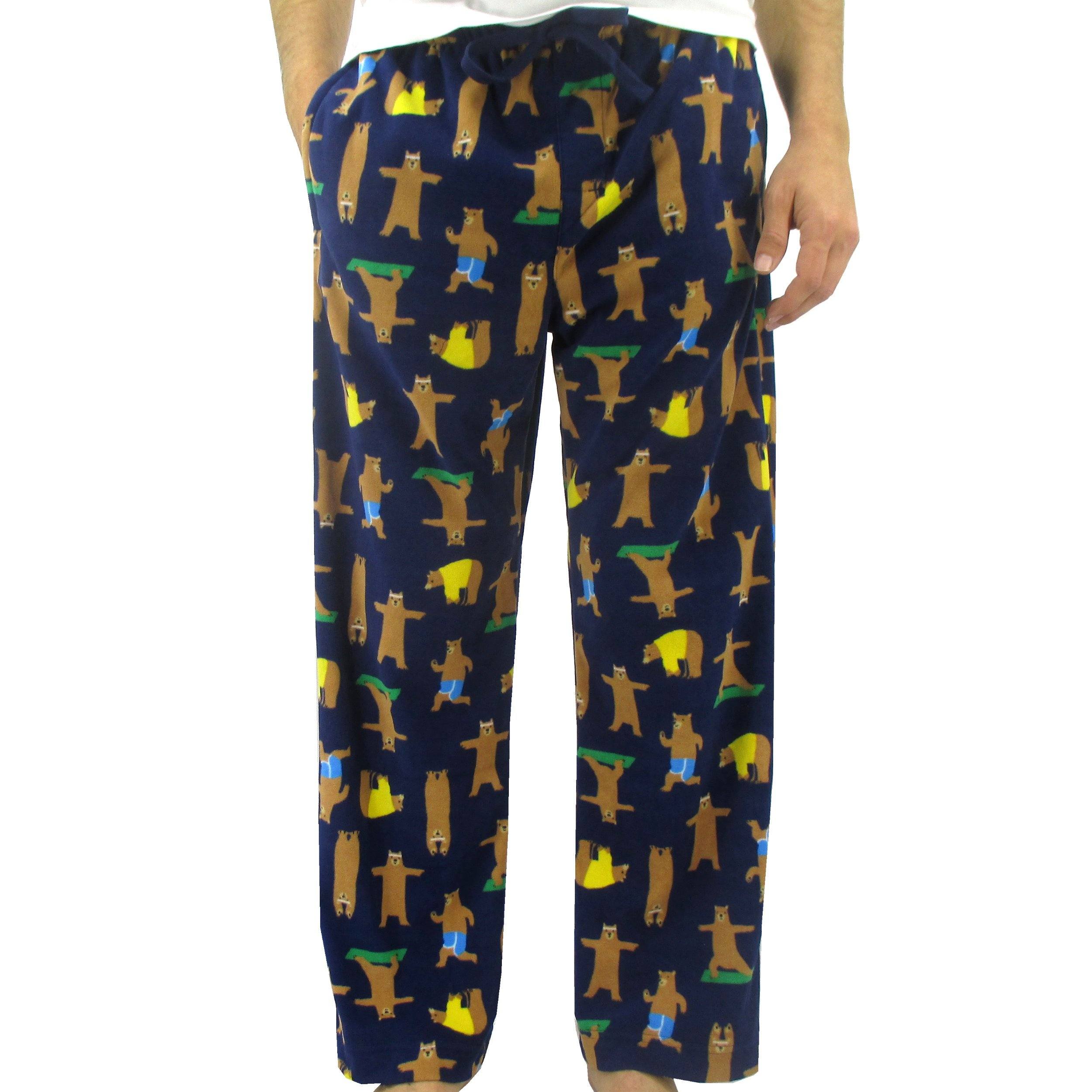 Men's Soft Fleece Long Pajama Pants Bottoms with Yoga Brown Bear Pattern