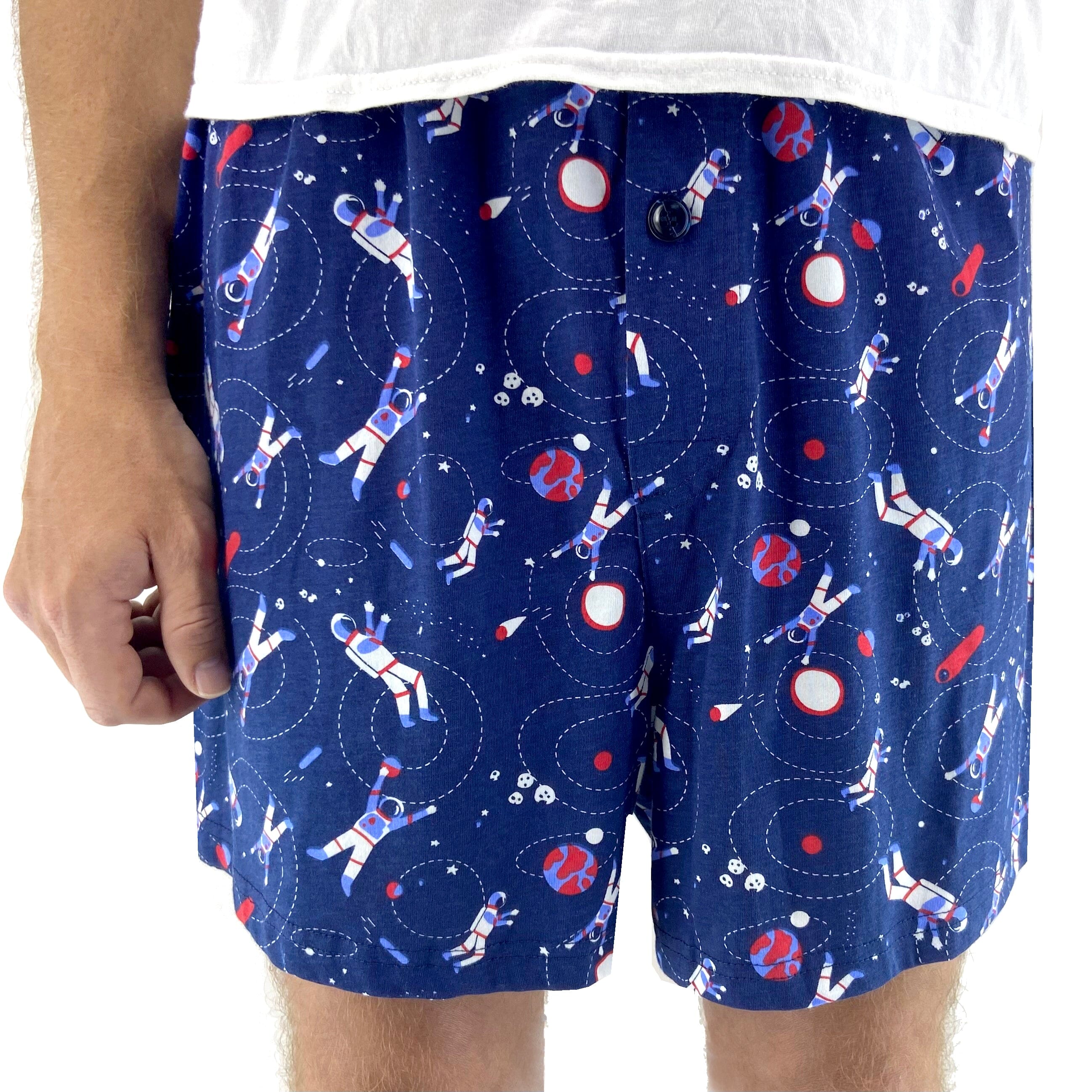 Mens Astronauts in Outer Space Novelty Print Cotton Knit Pajama Shorts