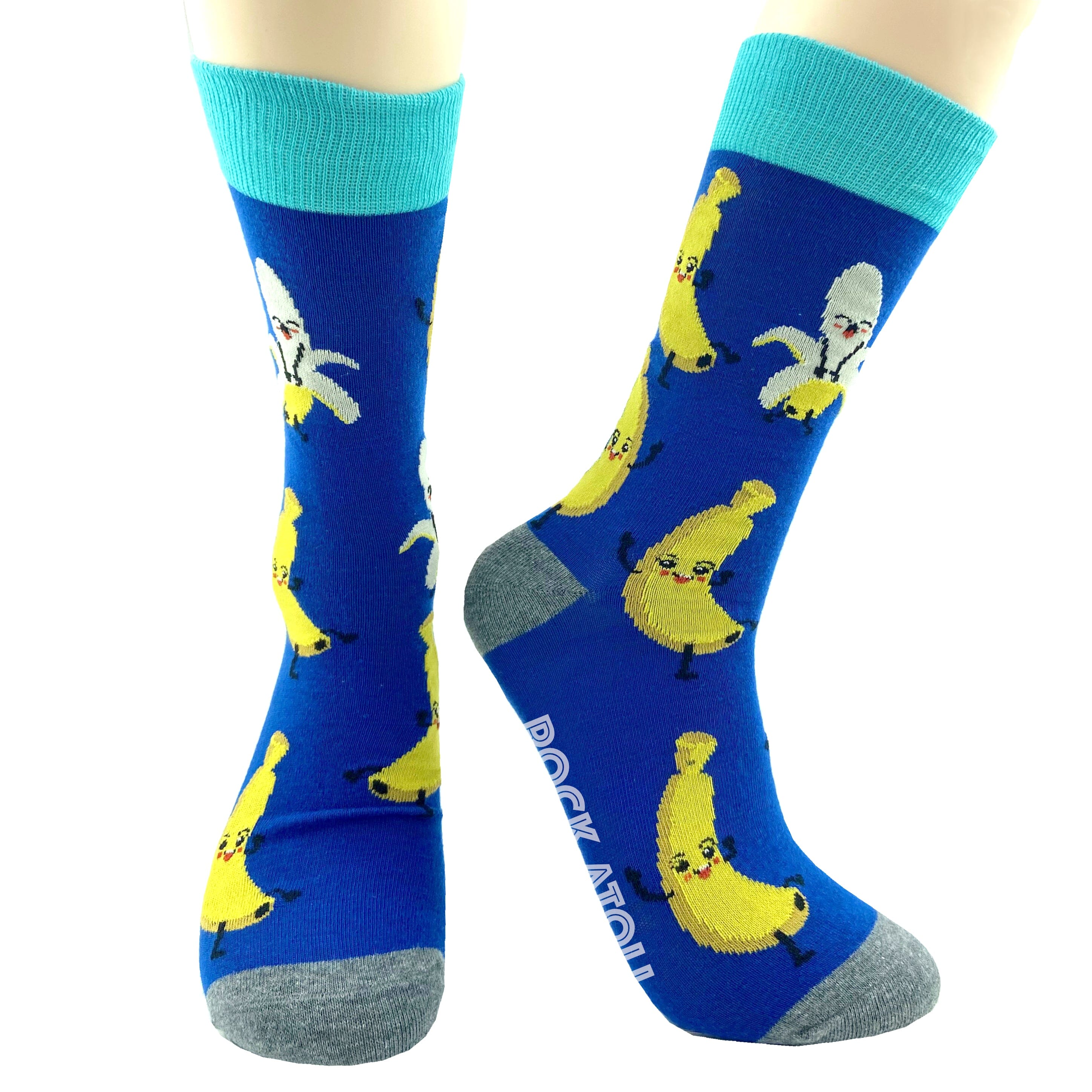 Unisex Bright Blue Smiley Banana Peel Fruit Themed Novelty Crew Socks