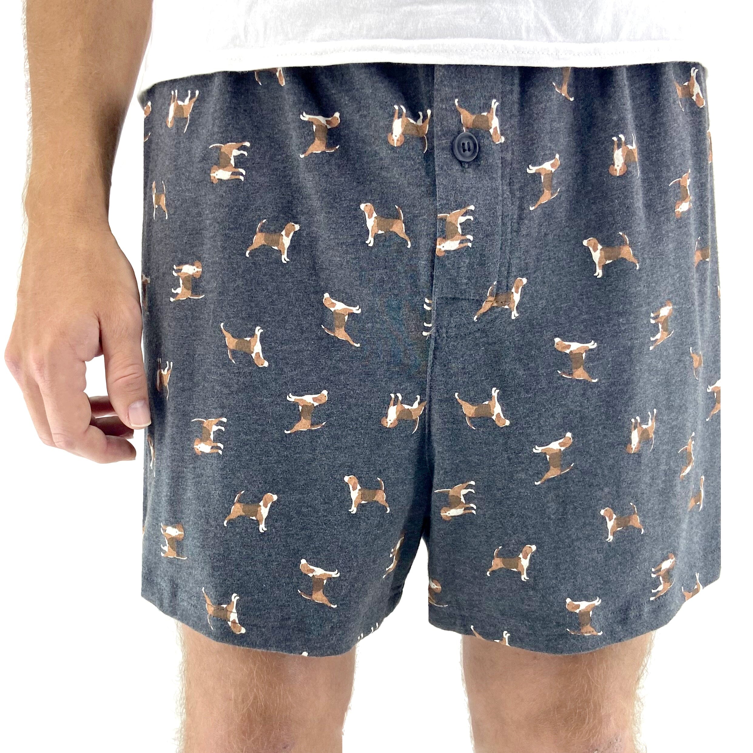 Men's Beagle Puppy Dog All Over Print Knit Boxer Pajama Shorts in Grey