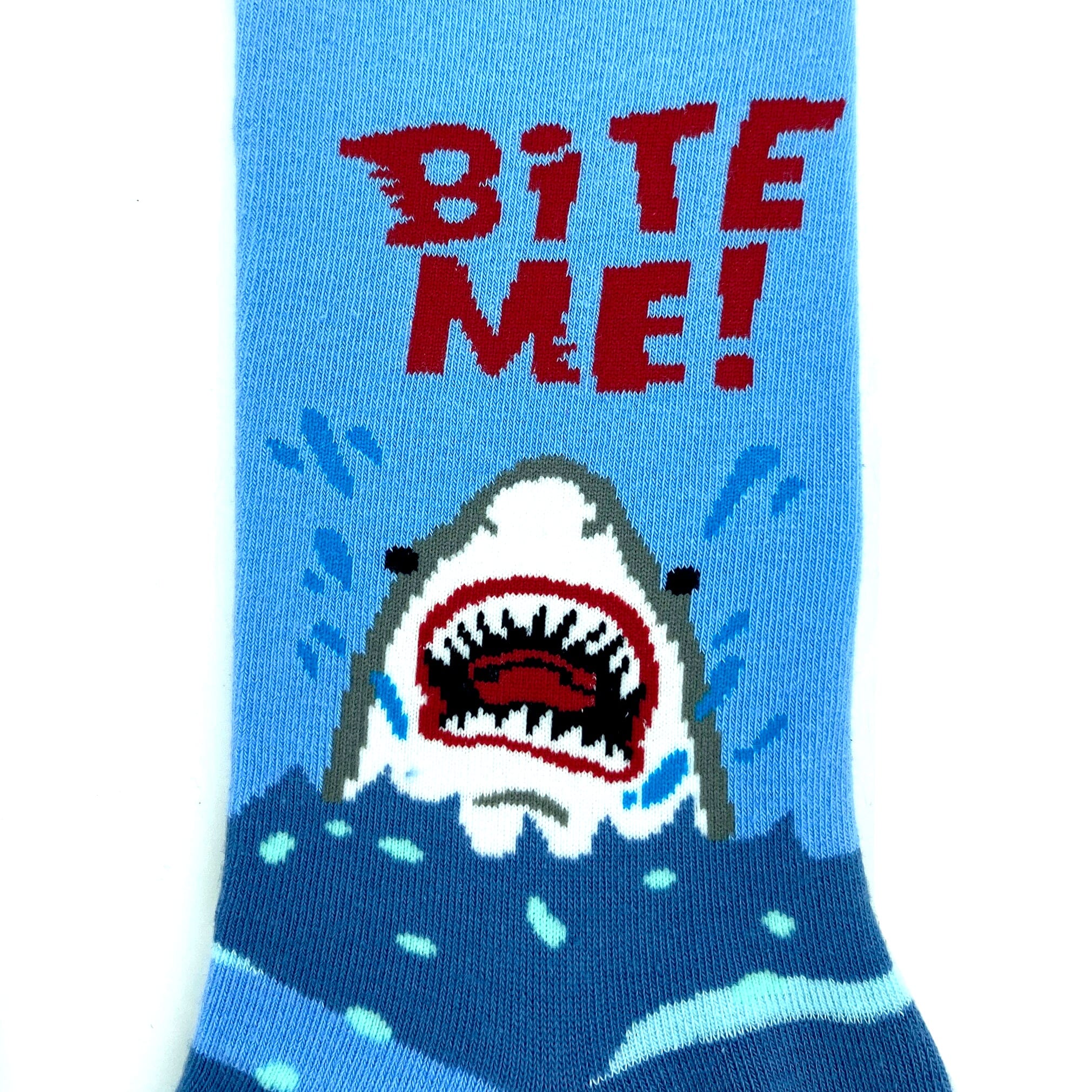 Classic Jaws Inspired Shark Patterned Novelty Crew Socks in Bright Blue