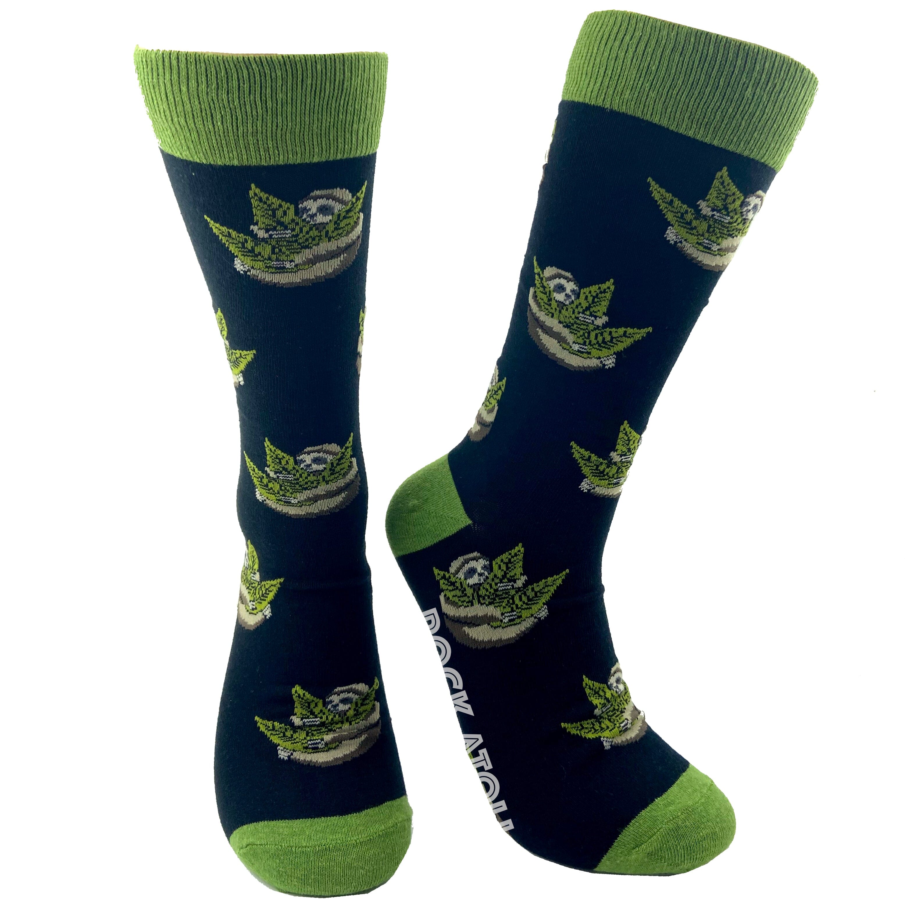 Stoner Sloths Weed Cannabis Leaf Patterned Novelty Crew Socks in Black