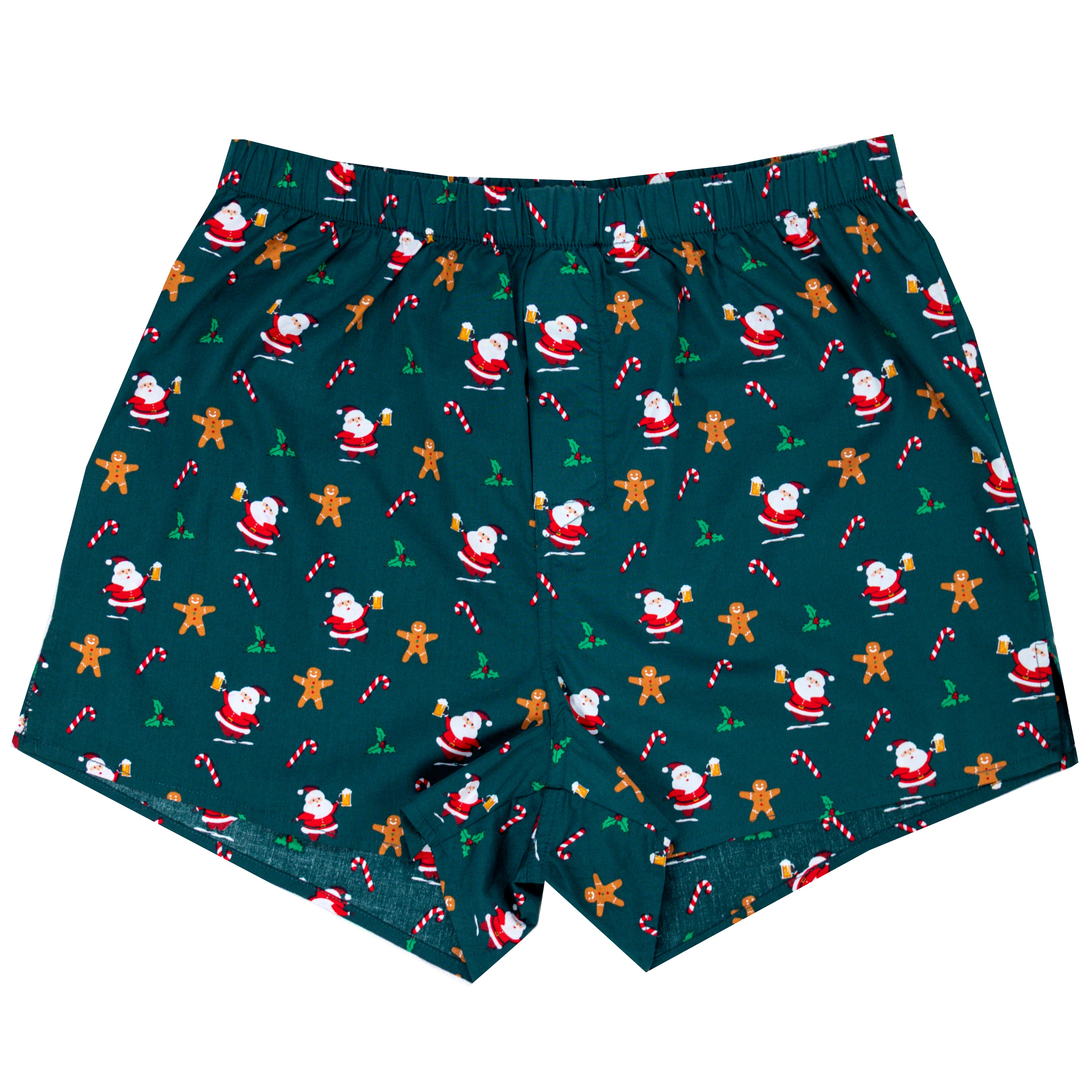 Christmas-themed boxer briefs with Santa Claus, candy canes, and gingerbread men on a green background.