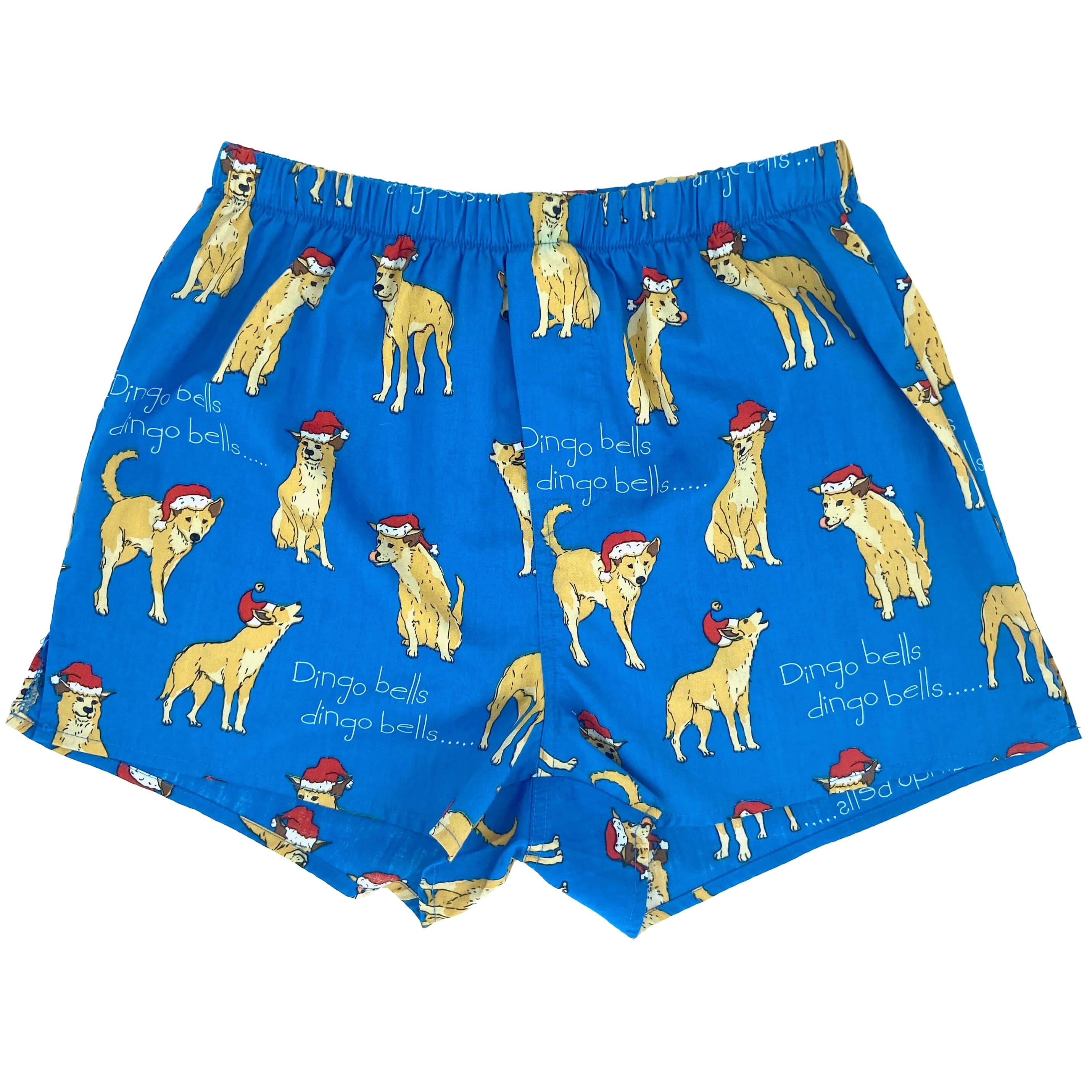 Men's Bright Blue Dingoes Wearing Santa Hats Dingo Bells Boxer Shorts