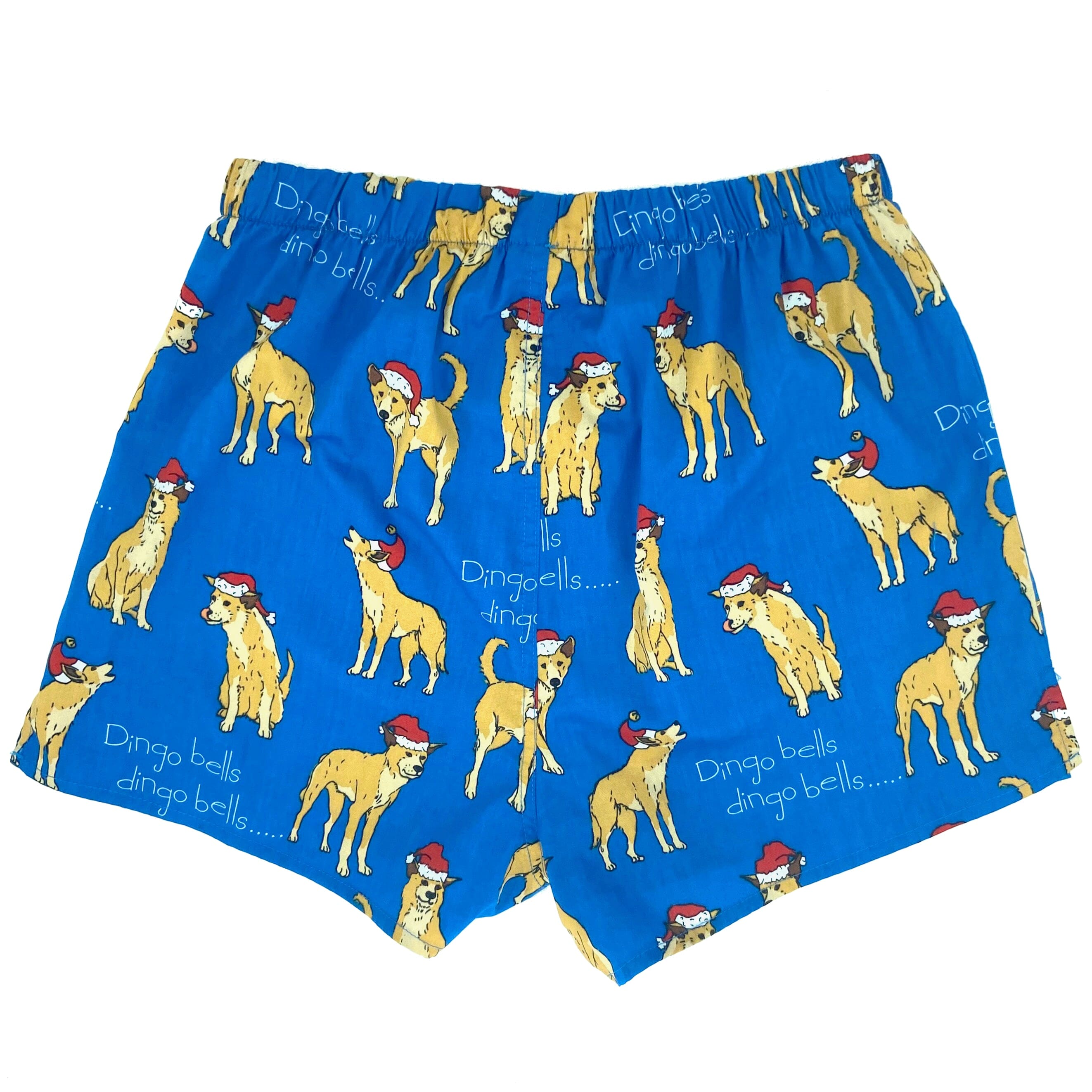 Men's Bright Blue Dingoes Wearing Santa Hats Dingo Bells Boxer Shorts