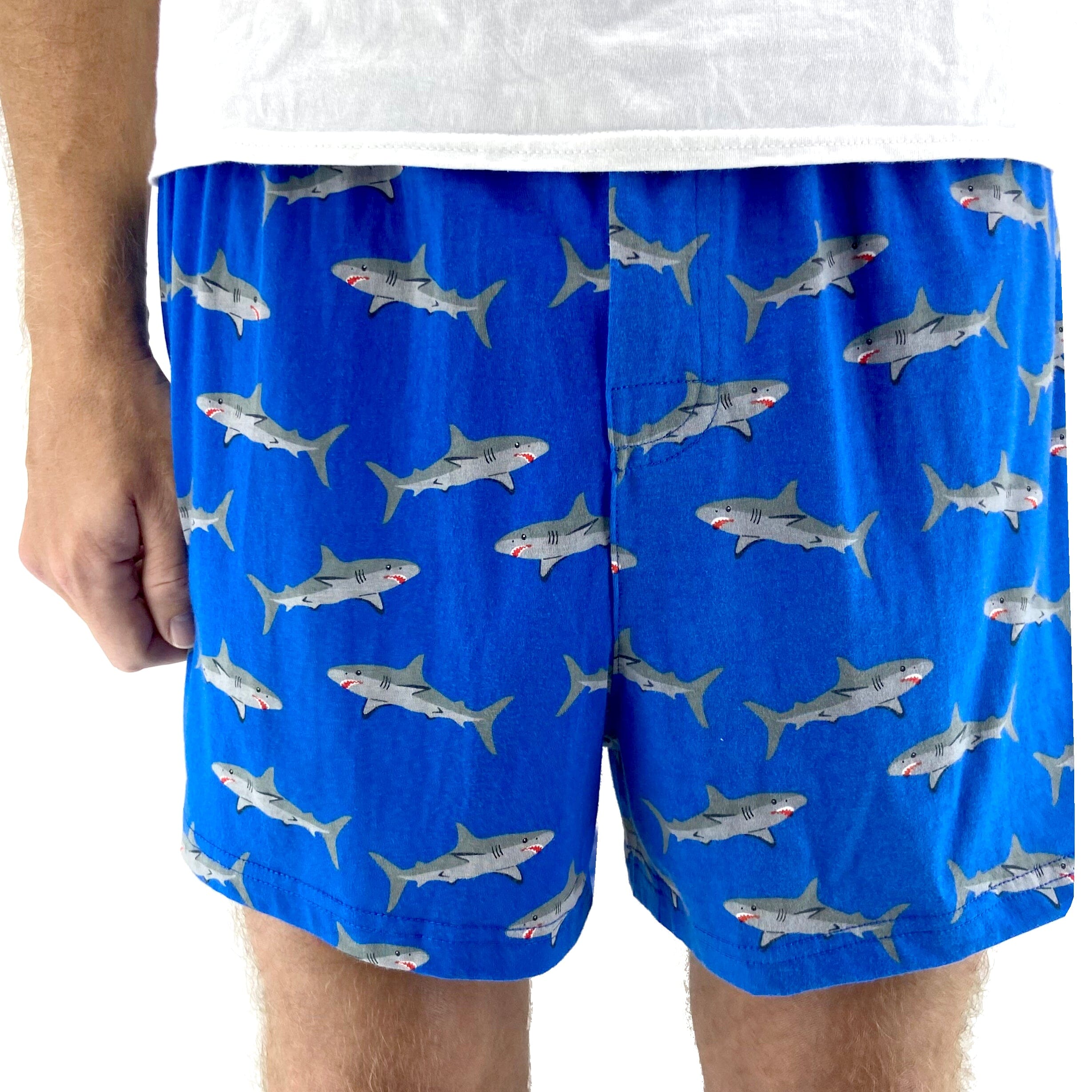 Men's Bright Blue Shark All Over Print Cotton Knit Pajama Sleep Shorts