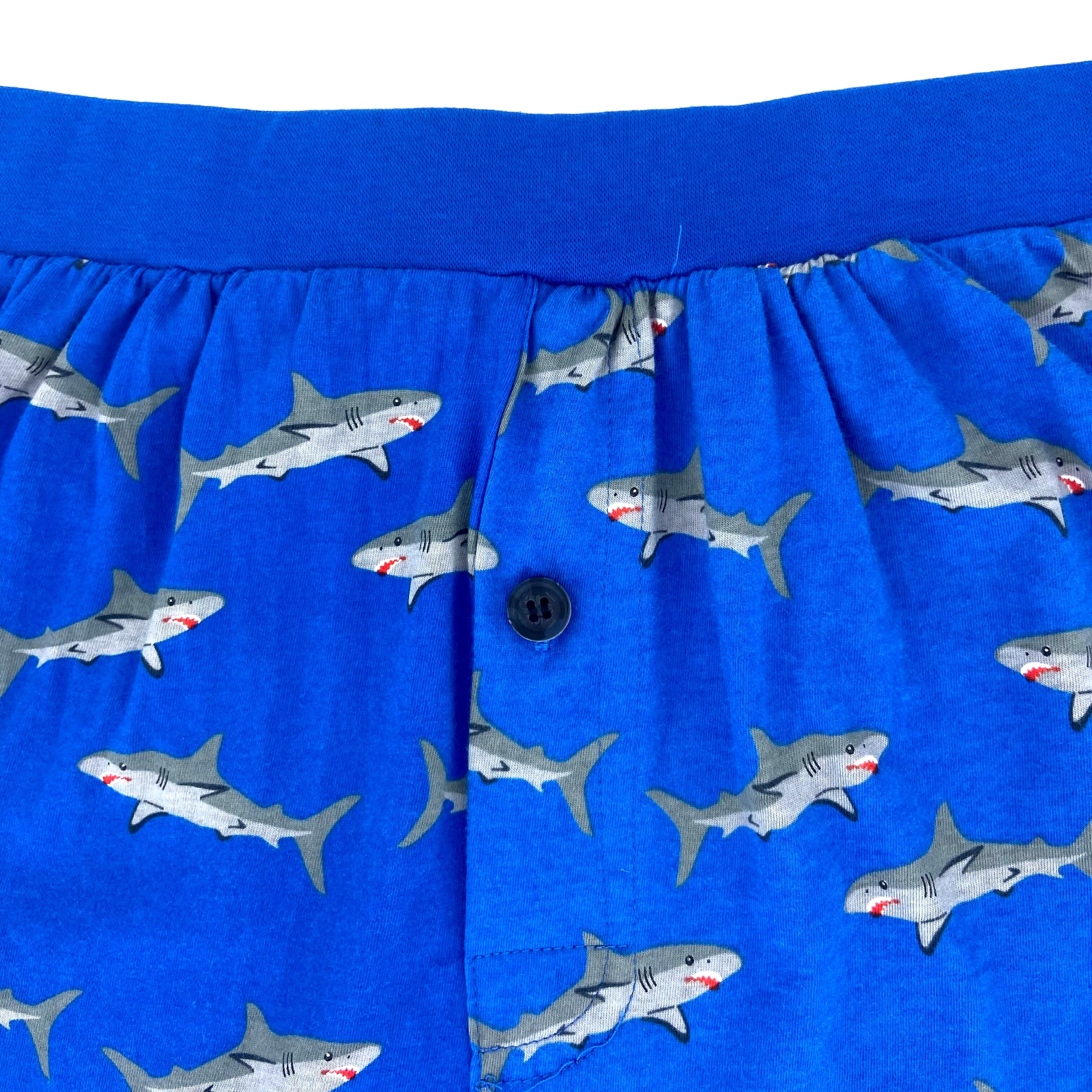 Men's Bright Blue Shark All Over Print Cotton Knit Pajama Sleep Shorts