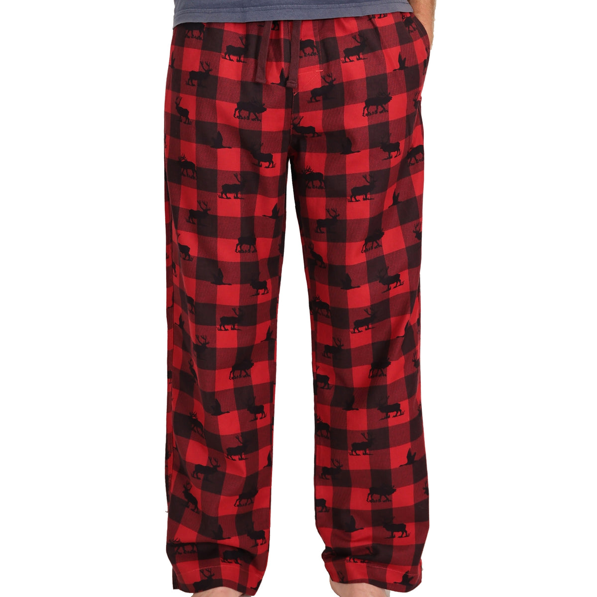 Red and black buffalo plaid lounge pants with a repeating black deer silhouette pattern, shown on a model from the waist down against a white background.