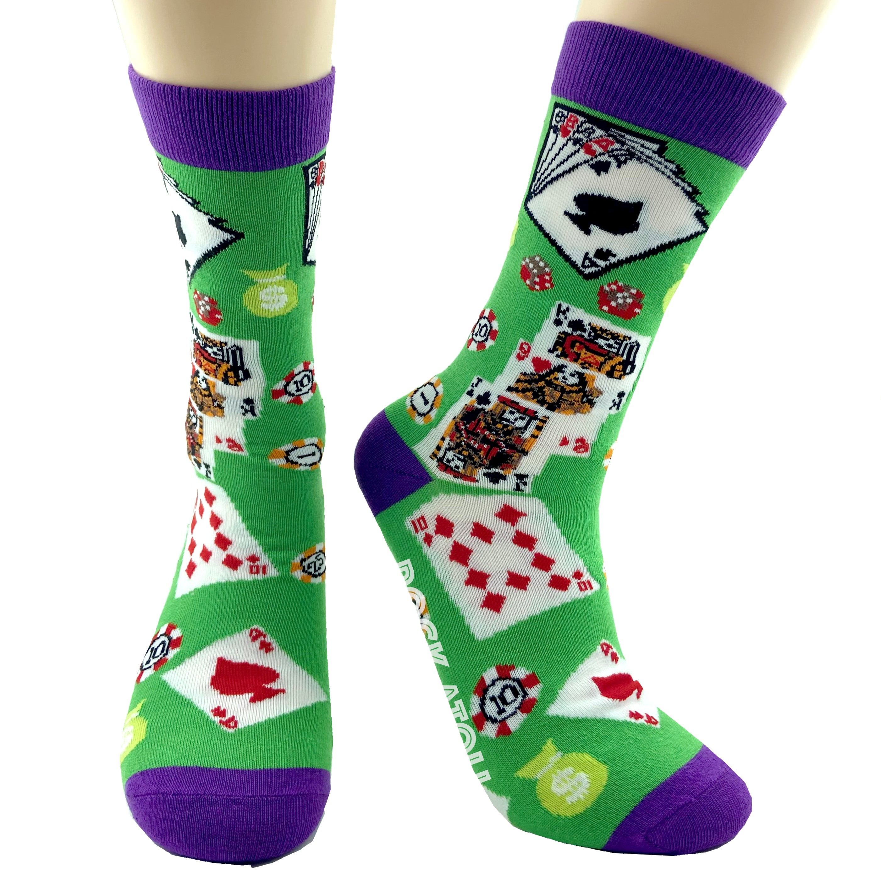 Unisex Bright Green Playing Card Poker Themed Novelty Dress Socks