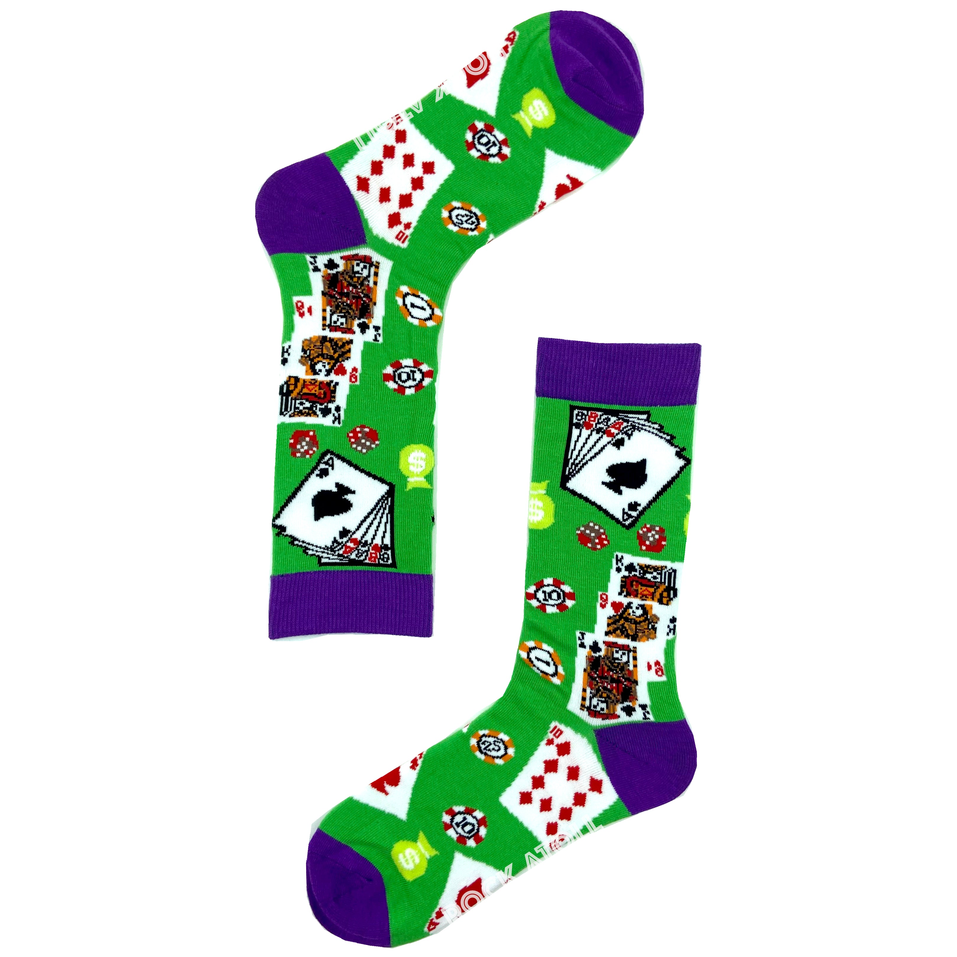 Unisex Bright Green Playing Card Poker Themed Novelty Dress Socks