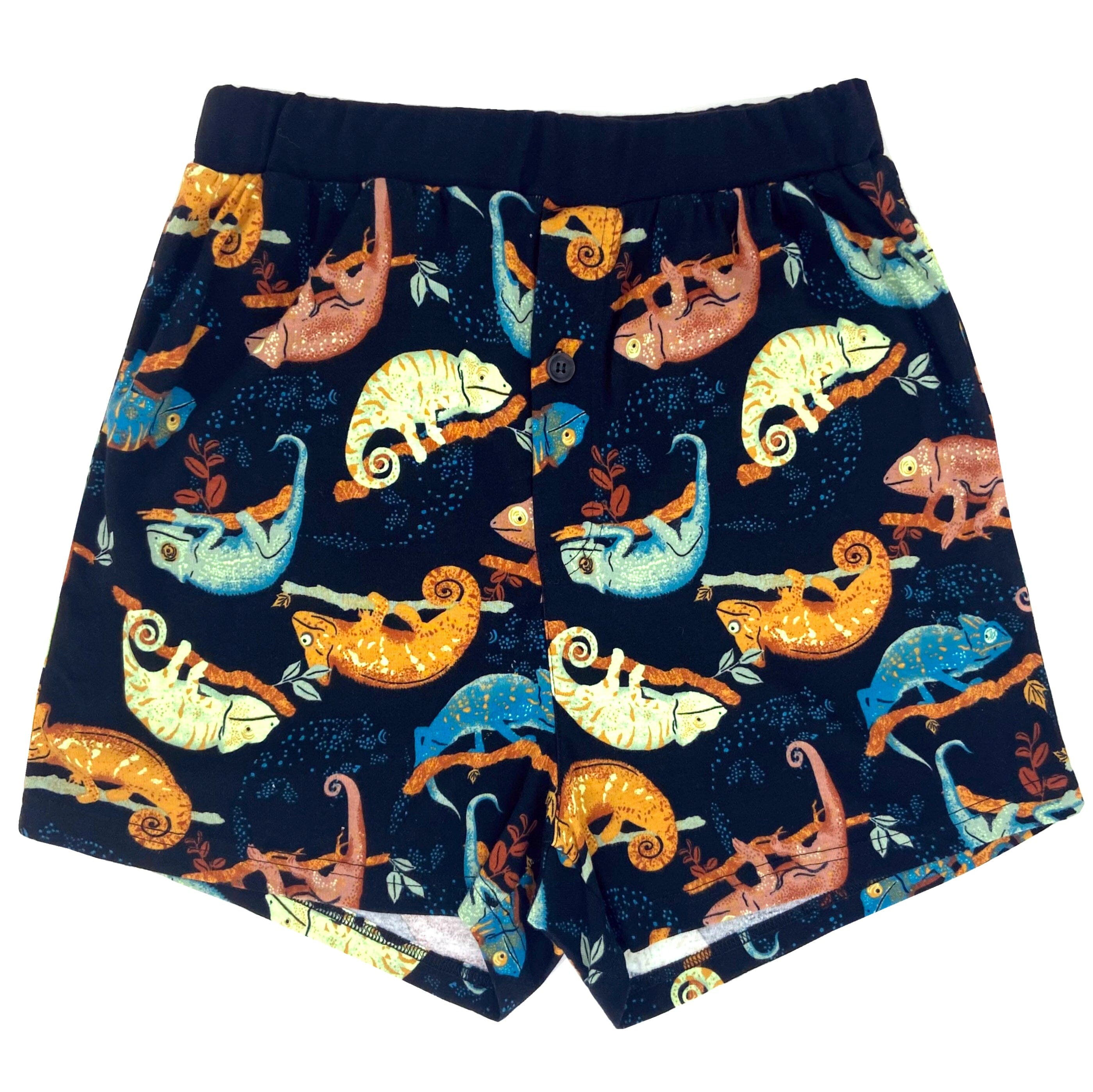 Men's Black Iguana Chameleon Patterned Cotton Knit Boxer Pajama Shorts