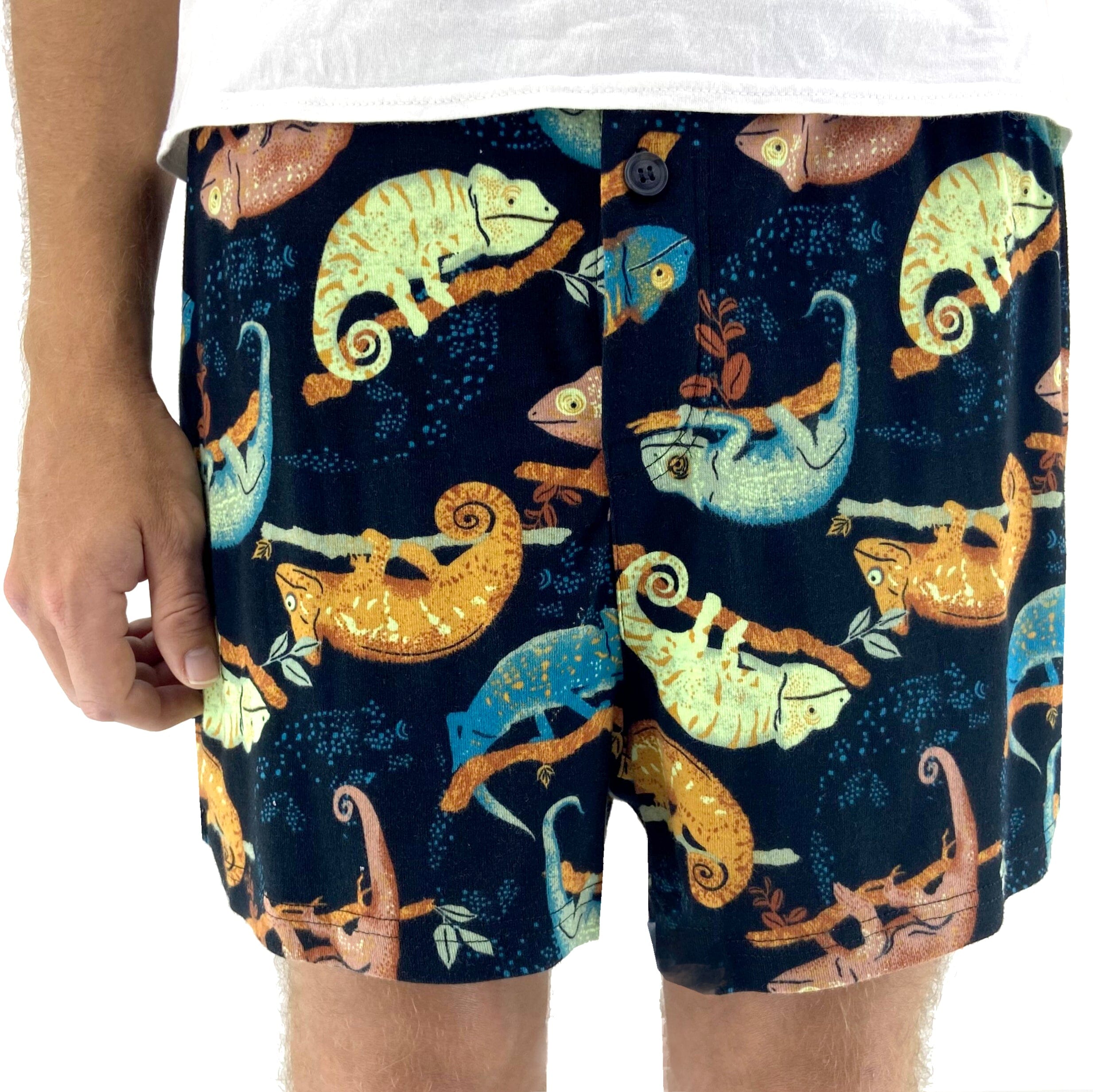 Men's Black Iguana Chameleon Patterned Cotton Knit Boxer Pajama Shorts