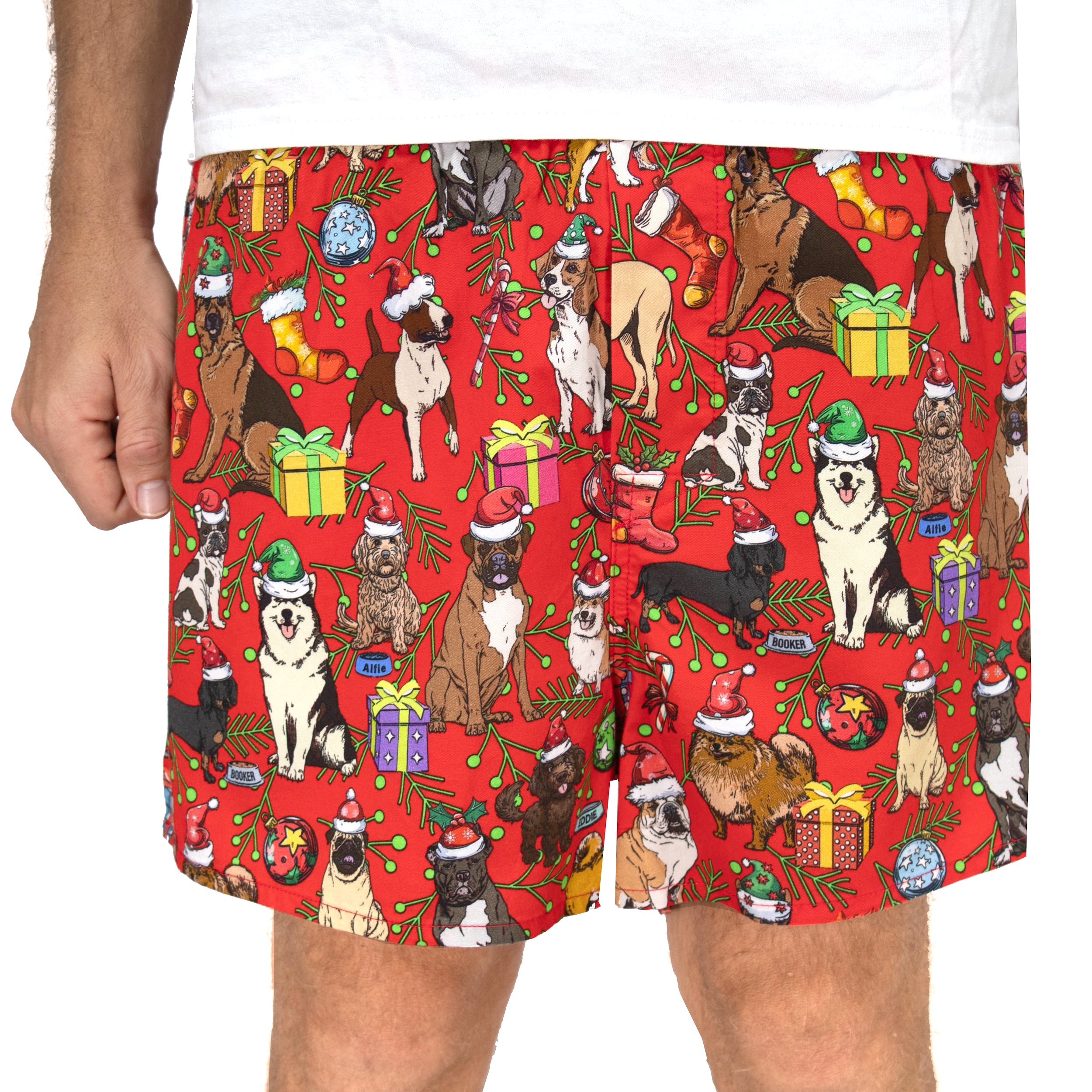Christmas Themed Boxers For Men. Dogs in Santa Hats Print Boxer Shorts
