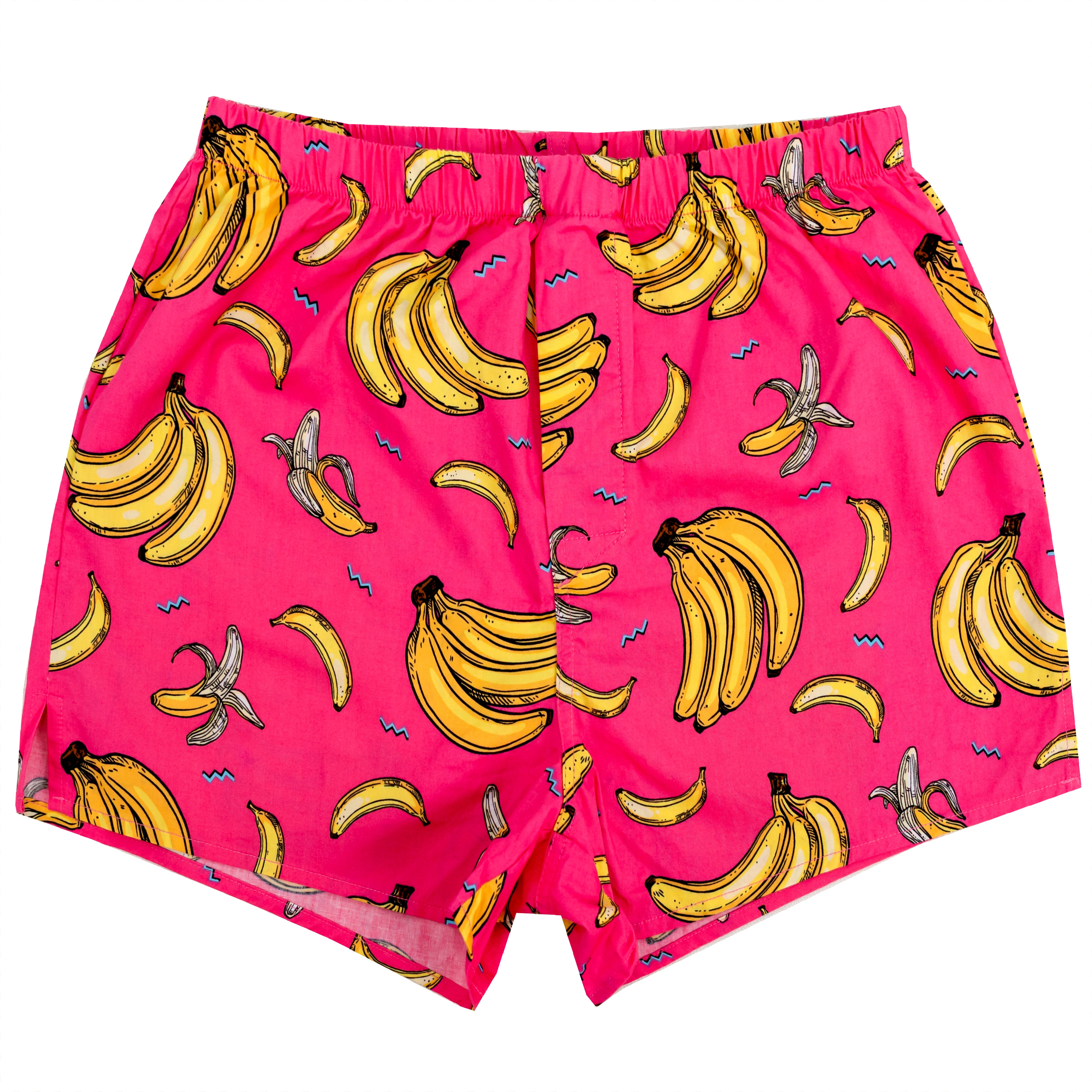 Bright pink boxer shorts featuring an all-over cartoon banana print, shown flat against a solid white background.
