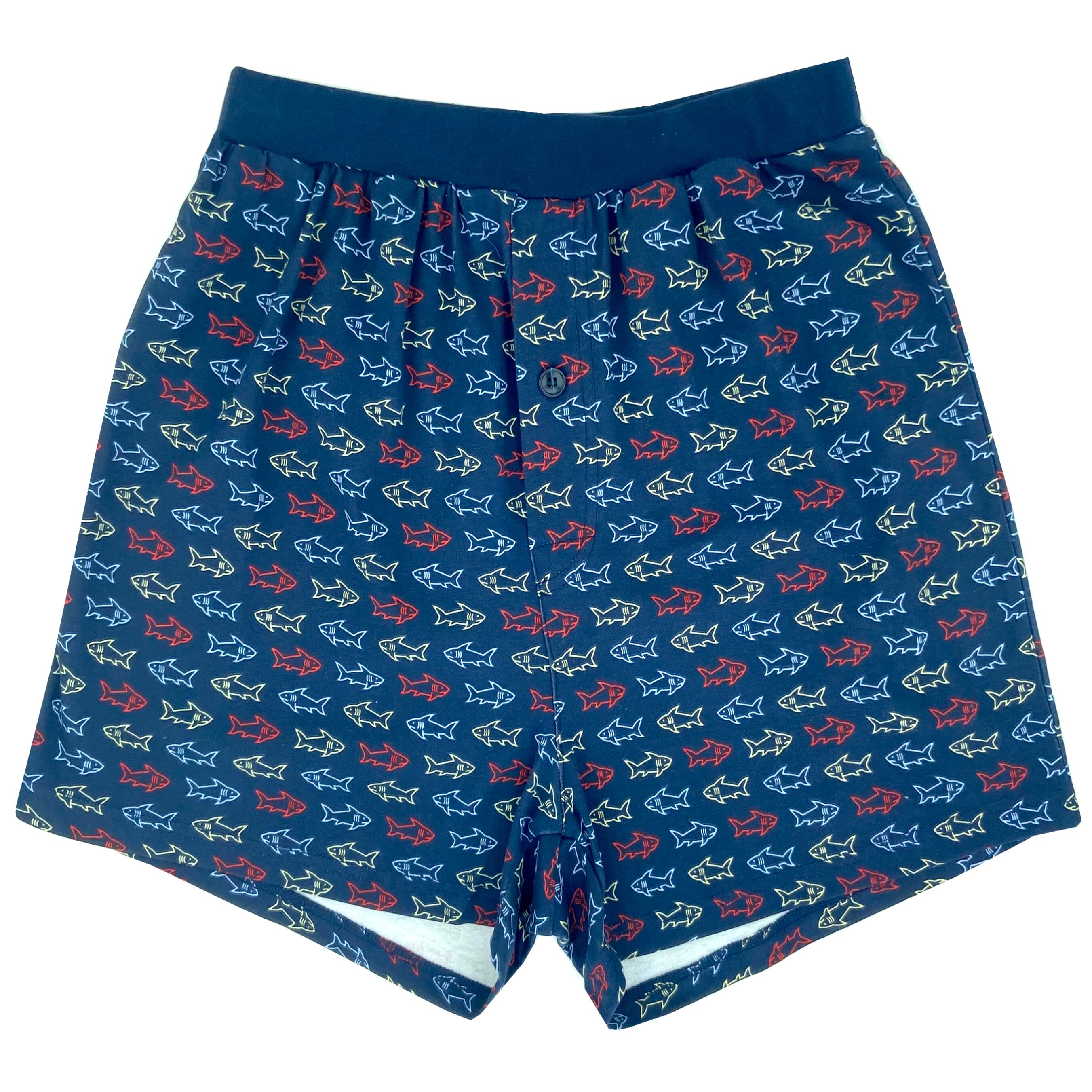 Men's Navy Blue Fish All-Over Print Cotton Knit Pajama PJ Sleep Shorts