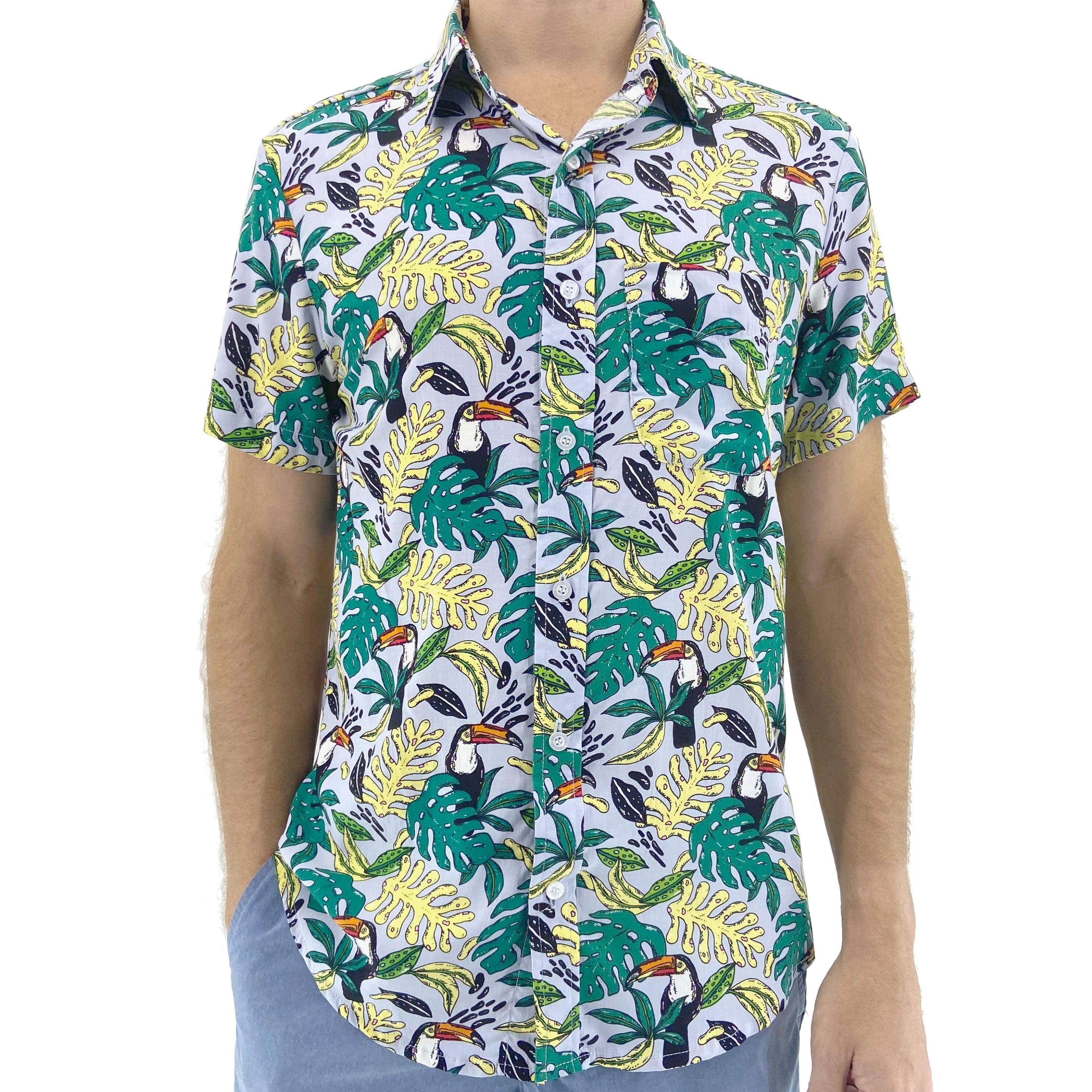 Men's Floral Leafy Toucan Bird All Over Print Aloha Hawaiian Shirt