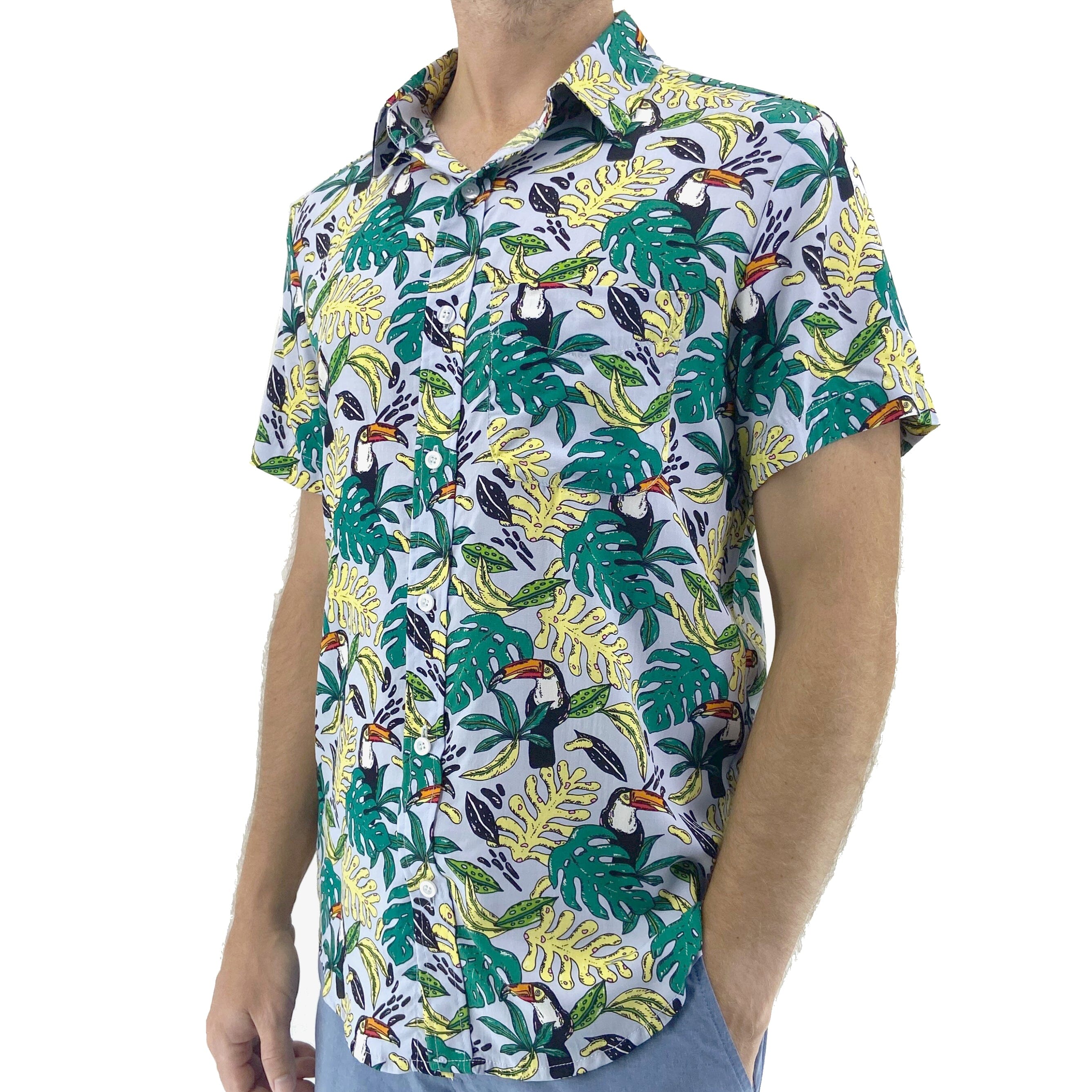 Men's Floral Leafy Toucan Bird All Over Print Aloha Hawaiian Shirt