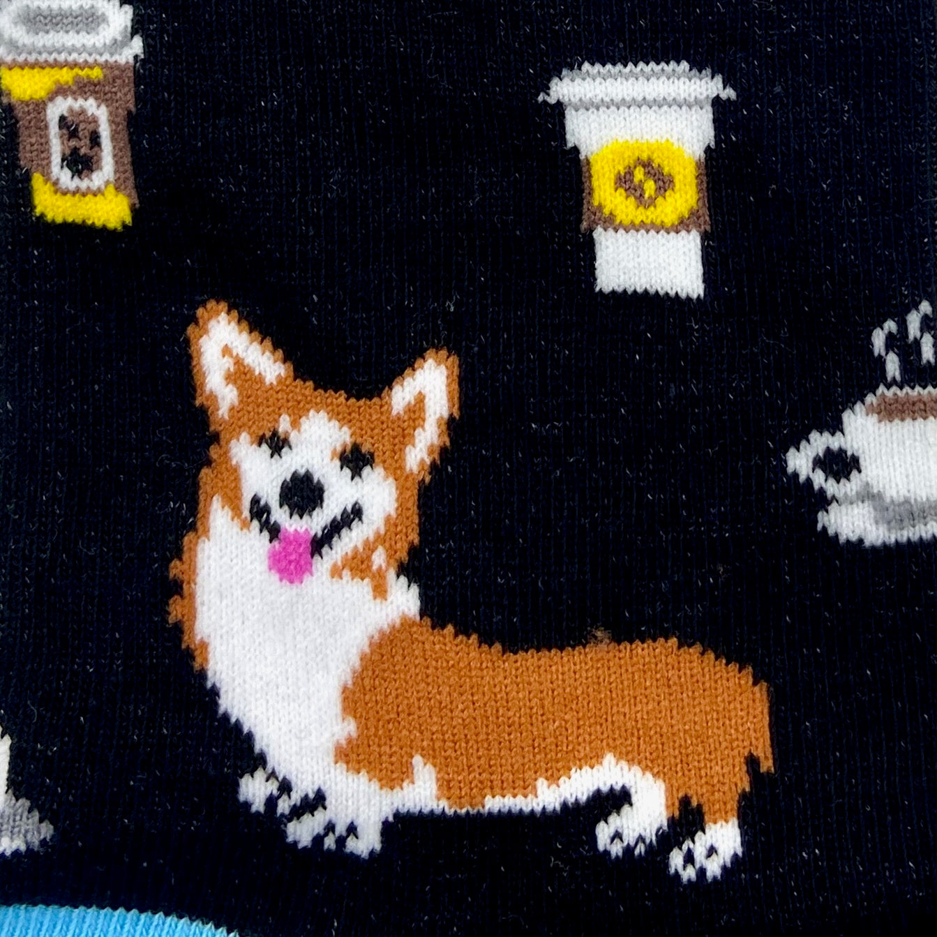 Black Unisex Dog Lover Corgis and Coffee Patterned Comfy Novelty Socks