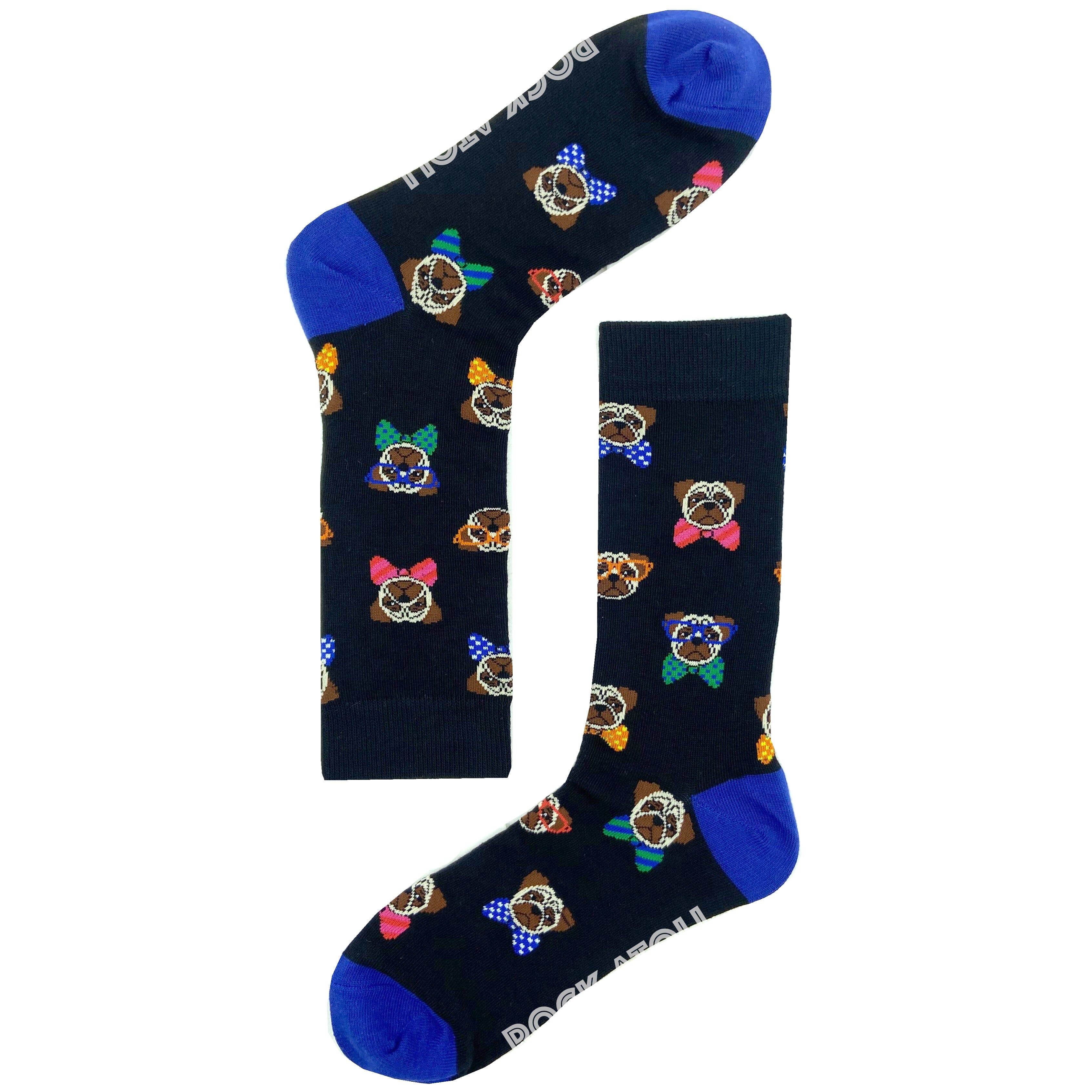 Adorable Pugs Wearing Bow Ties Patterned Dog Lover Novelty Dress Socks