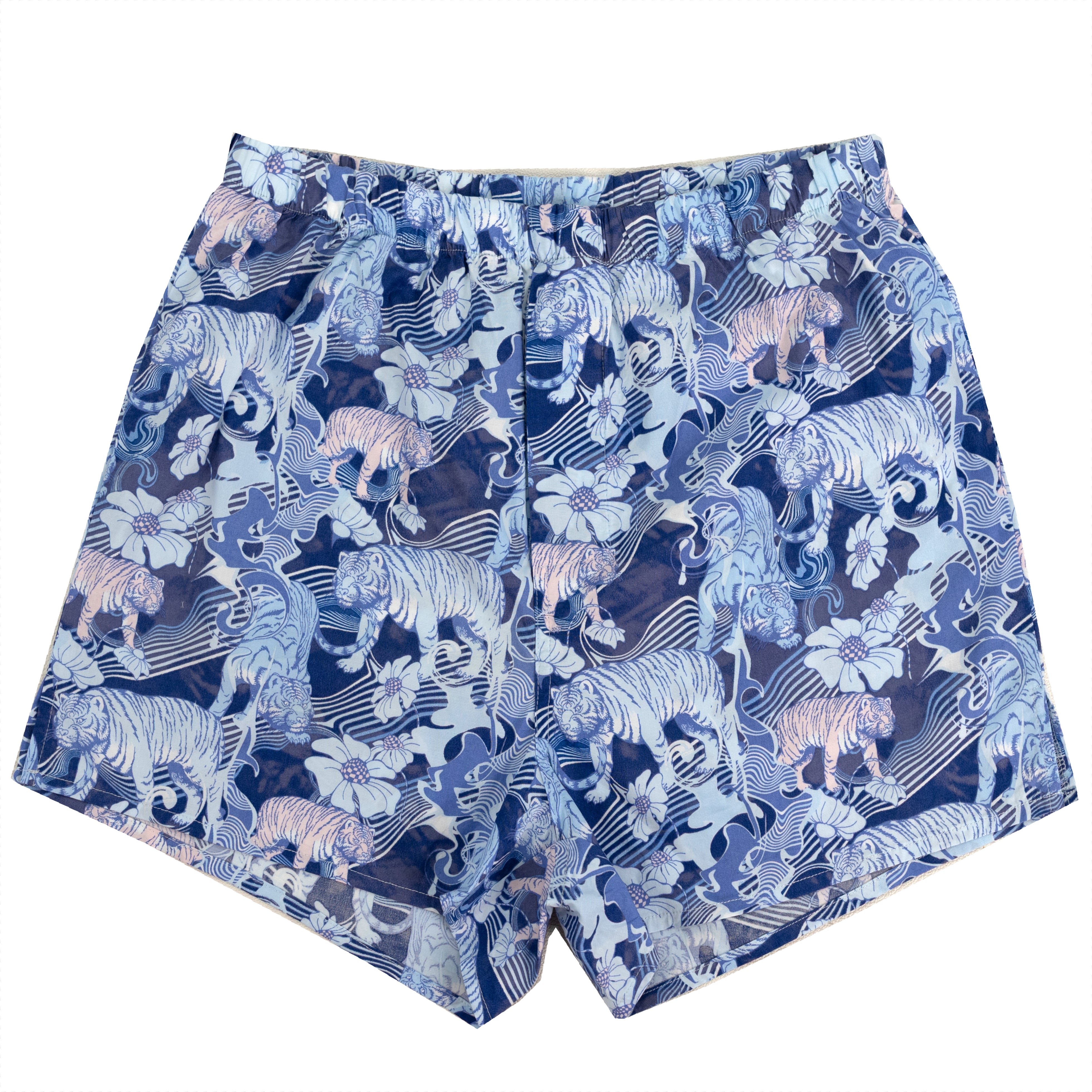 Blue patterned swim trunks featuring a detailed print of tigers, zebras, and floral motifs in shades of blue, white, and light pink, shown flat against a white background.