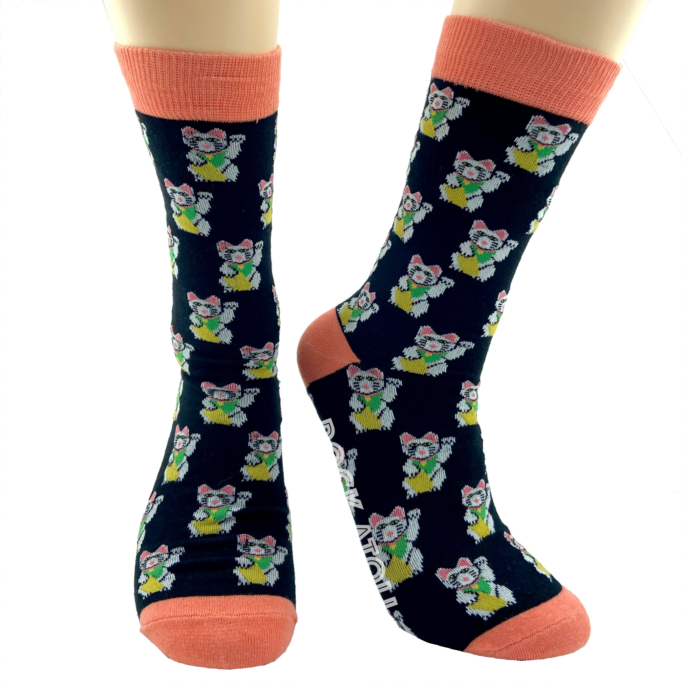 Unisex Black Maneki-neko Beckoning Fortune Cat Patterned Novelty Socks