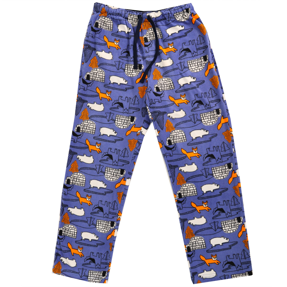 Men's Soft Fluffy Fox Bear Igloo Print Long Fleece Pajama Pant Bottoms