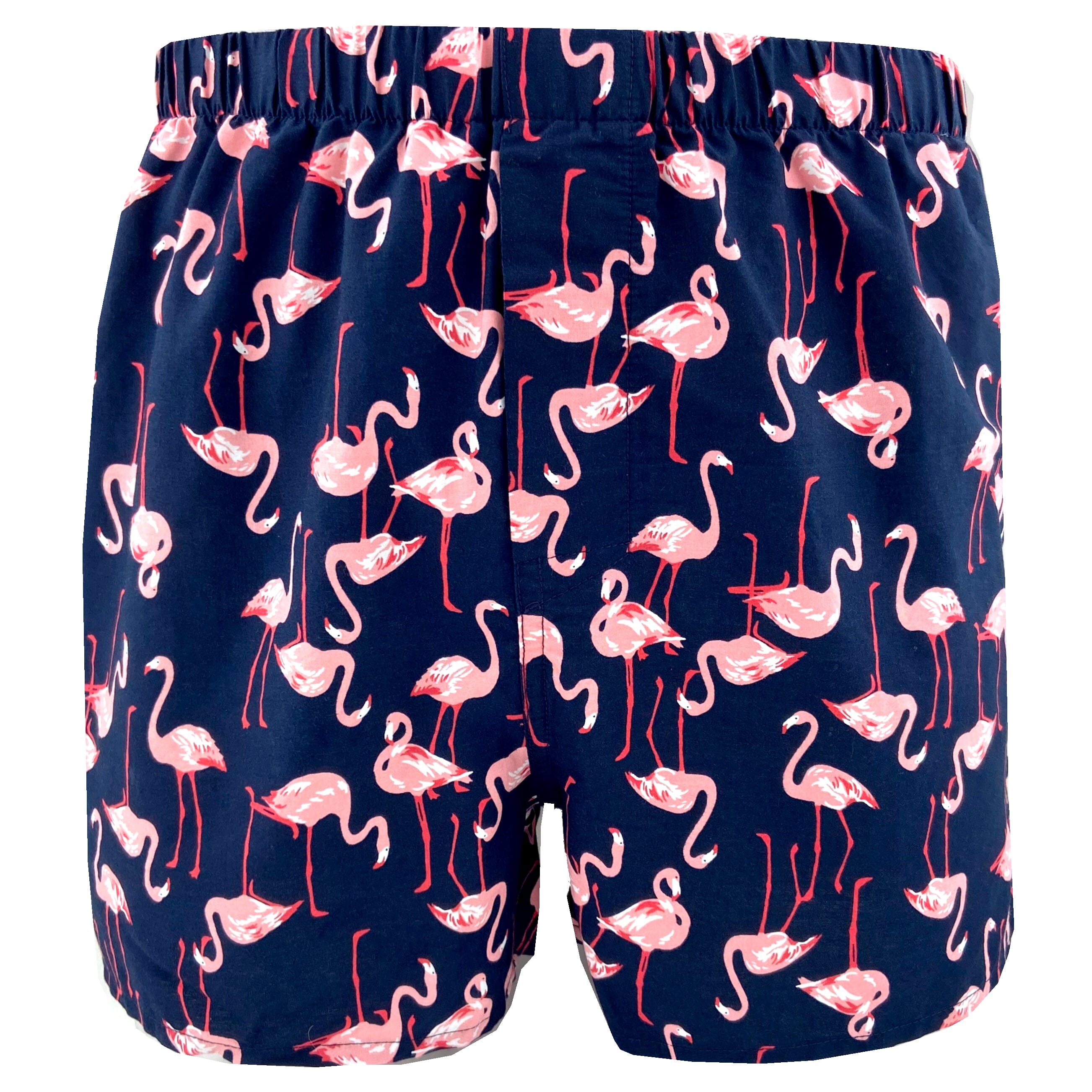 Classic Dark Blue Boxer Shorts with Bright Pink Flamingoes All Over