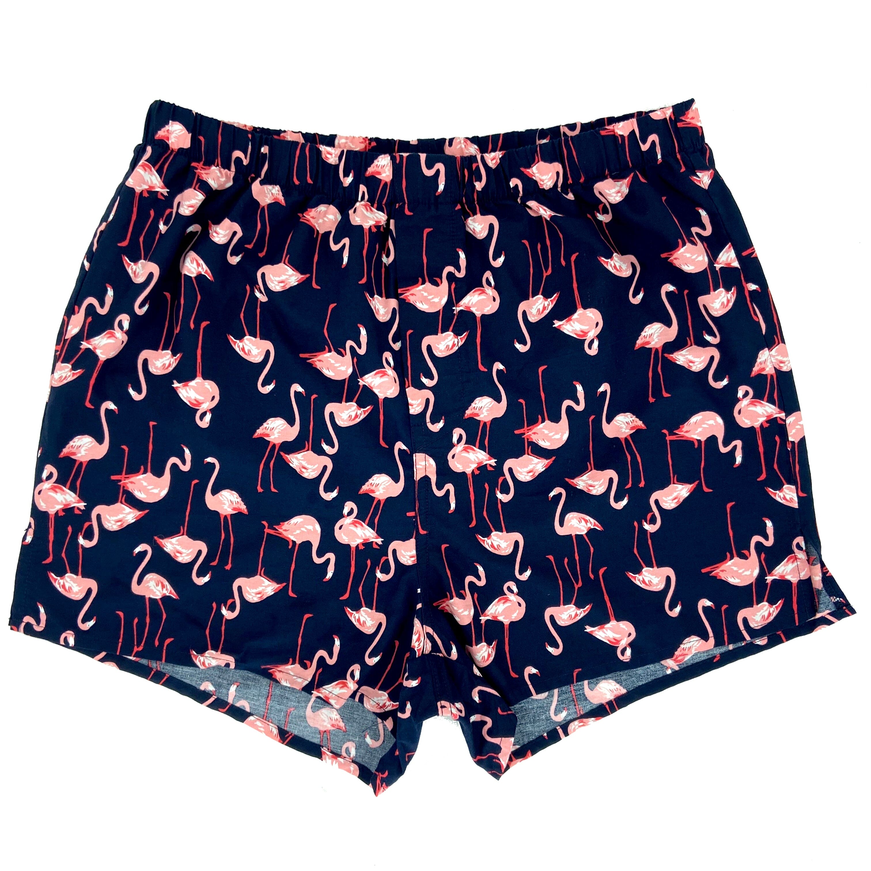Classic Dark Blue Boxer Shorts with Bright Pink Flamingoes All Over