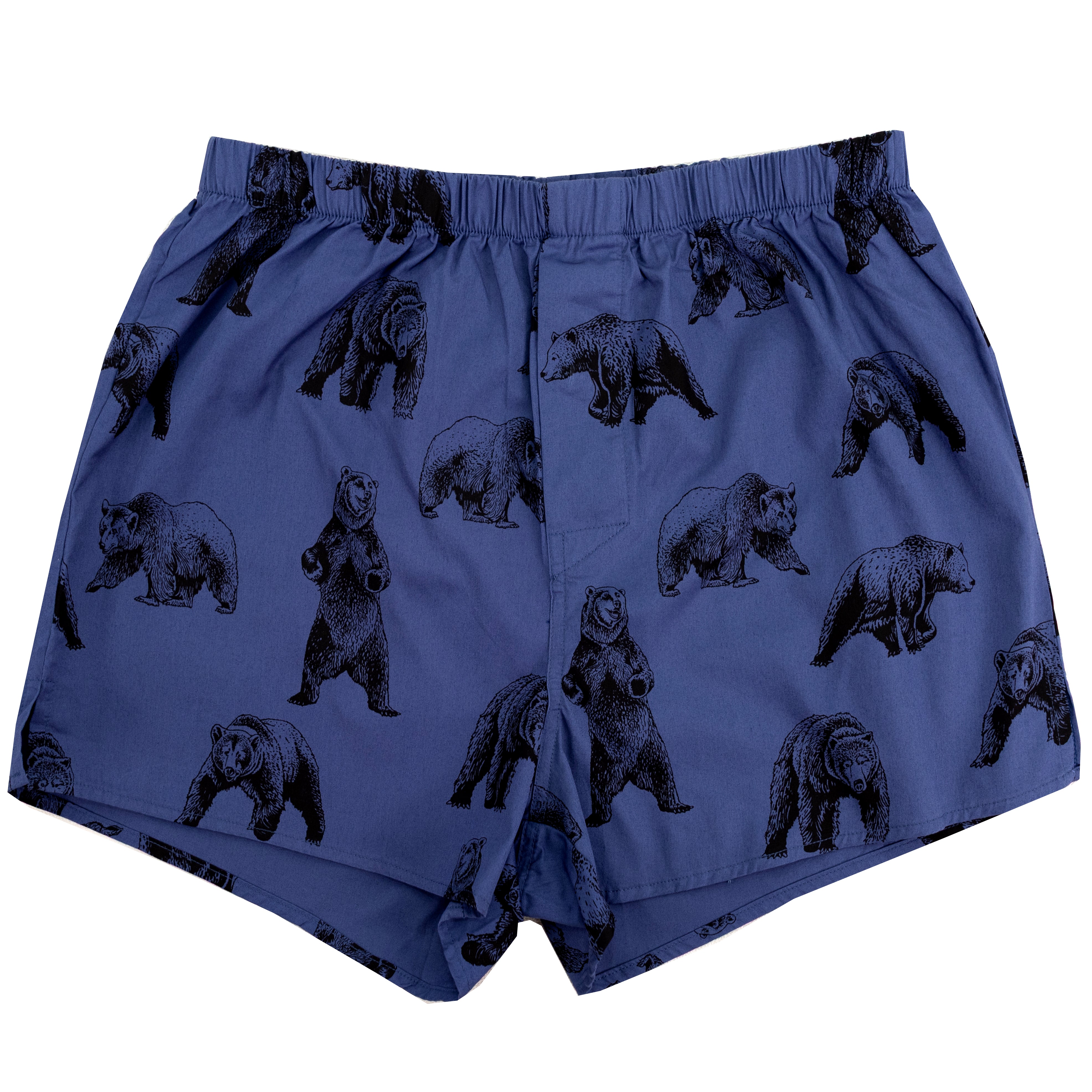 Blue boxer briefs with an all-over black bear print, shown flat against a plain white background.