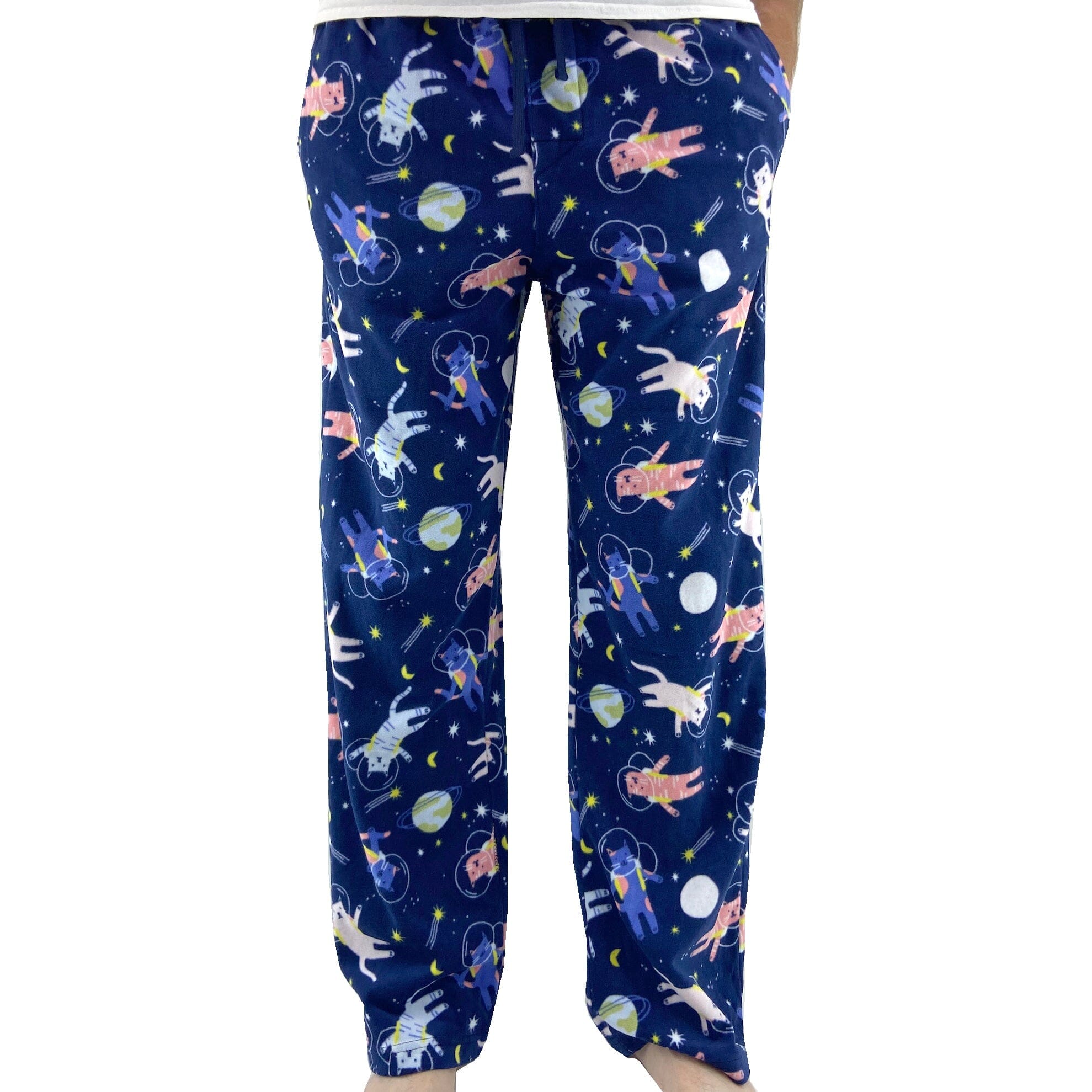 Cat Astronauts in Outer Space Print Warm Soft Fleece Long Pajama Pants