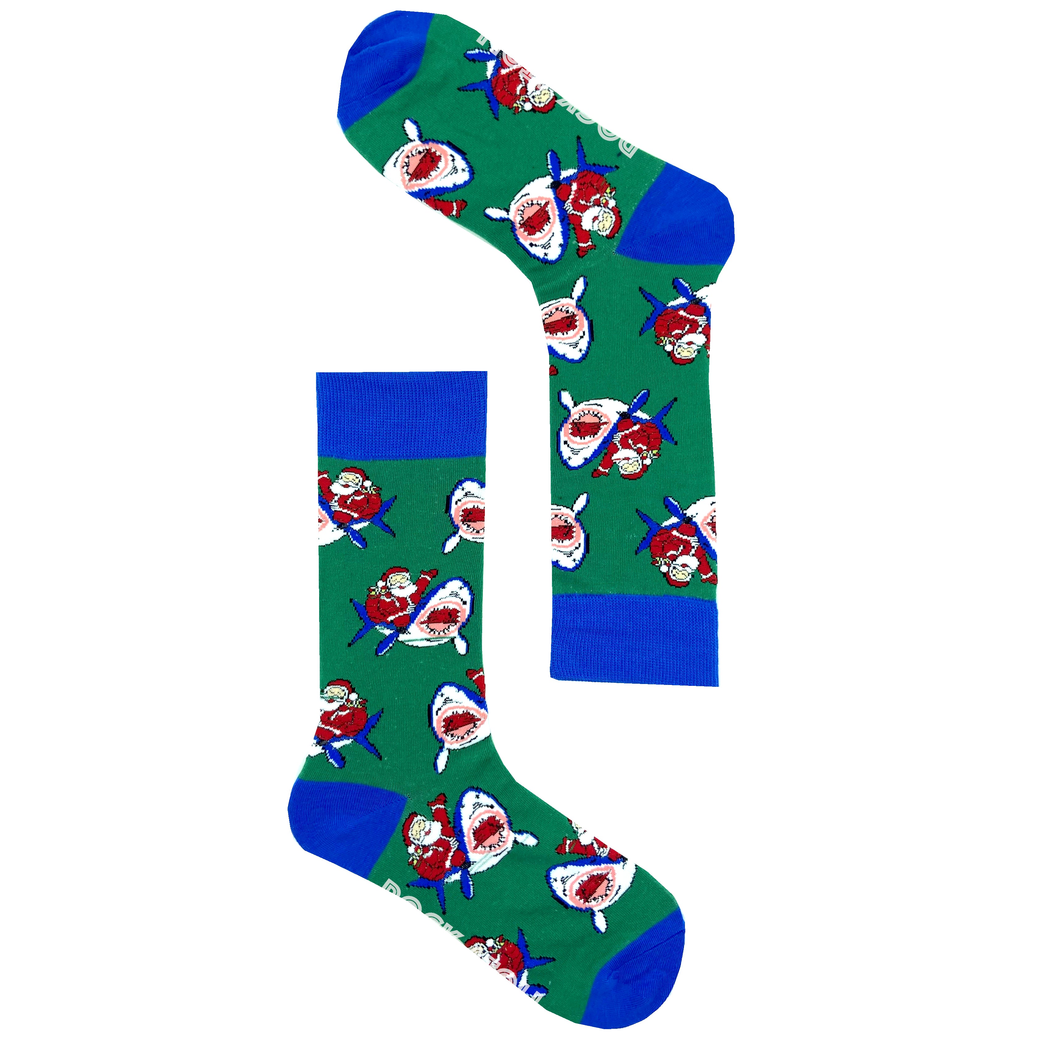 Christmas Themed Santas Riding Sharks Patterned Novelty Socks in Green