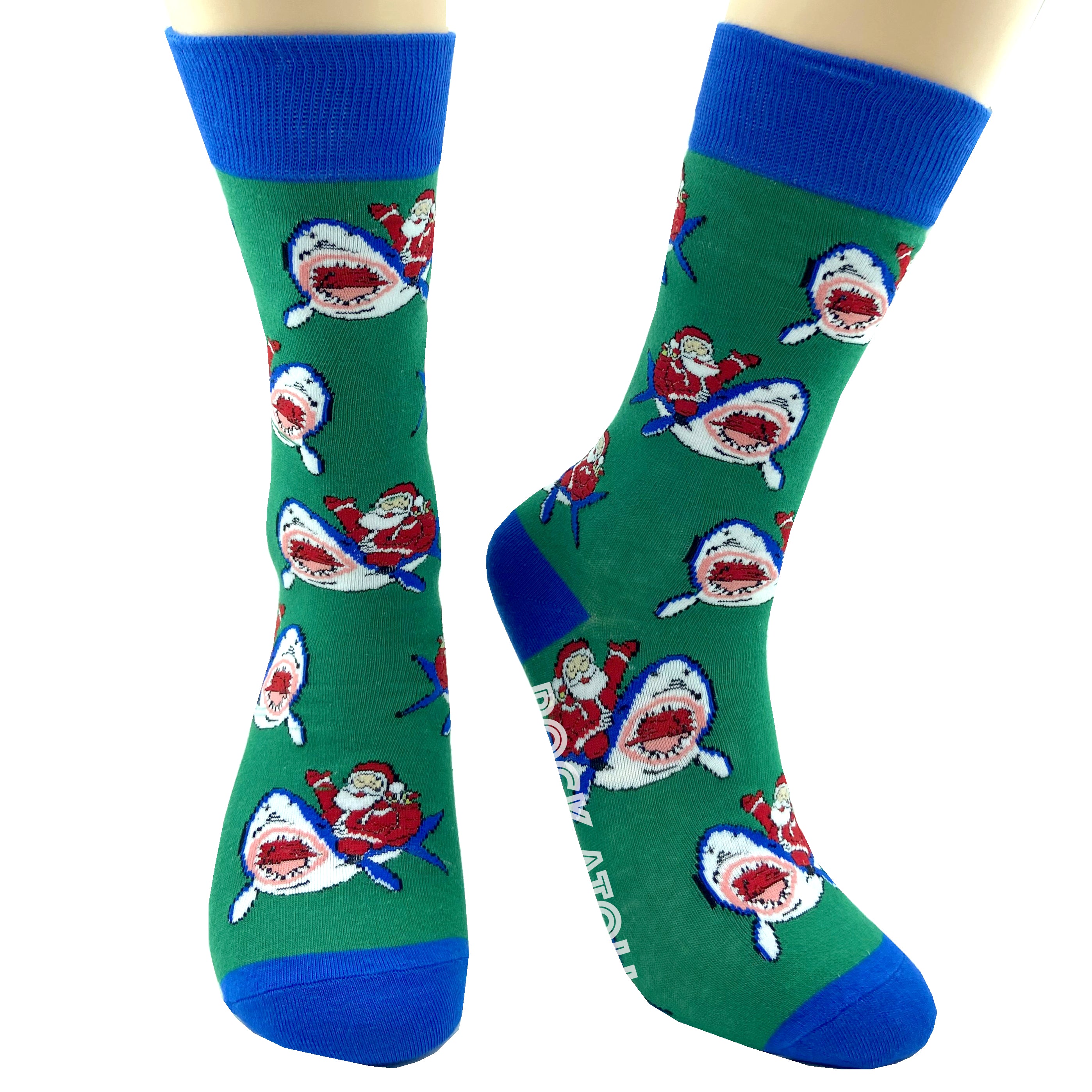 Christmas Themed Santas Riding Sharks Patterned Novelty Socks in Green