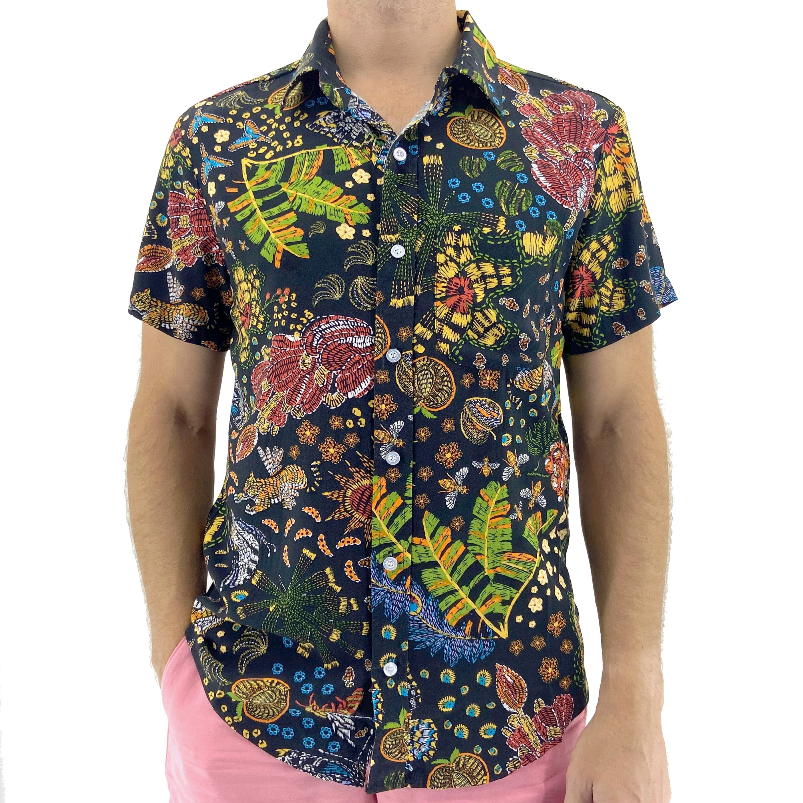 Men's Super Soft Trippy Tiger Floral Print Black Aloha Hawaiian Shirt