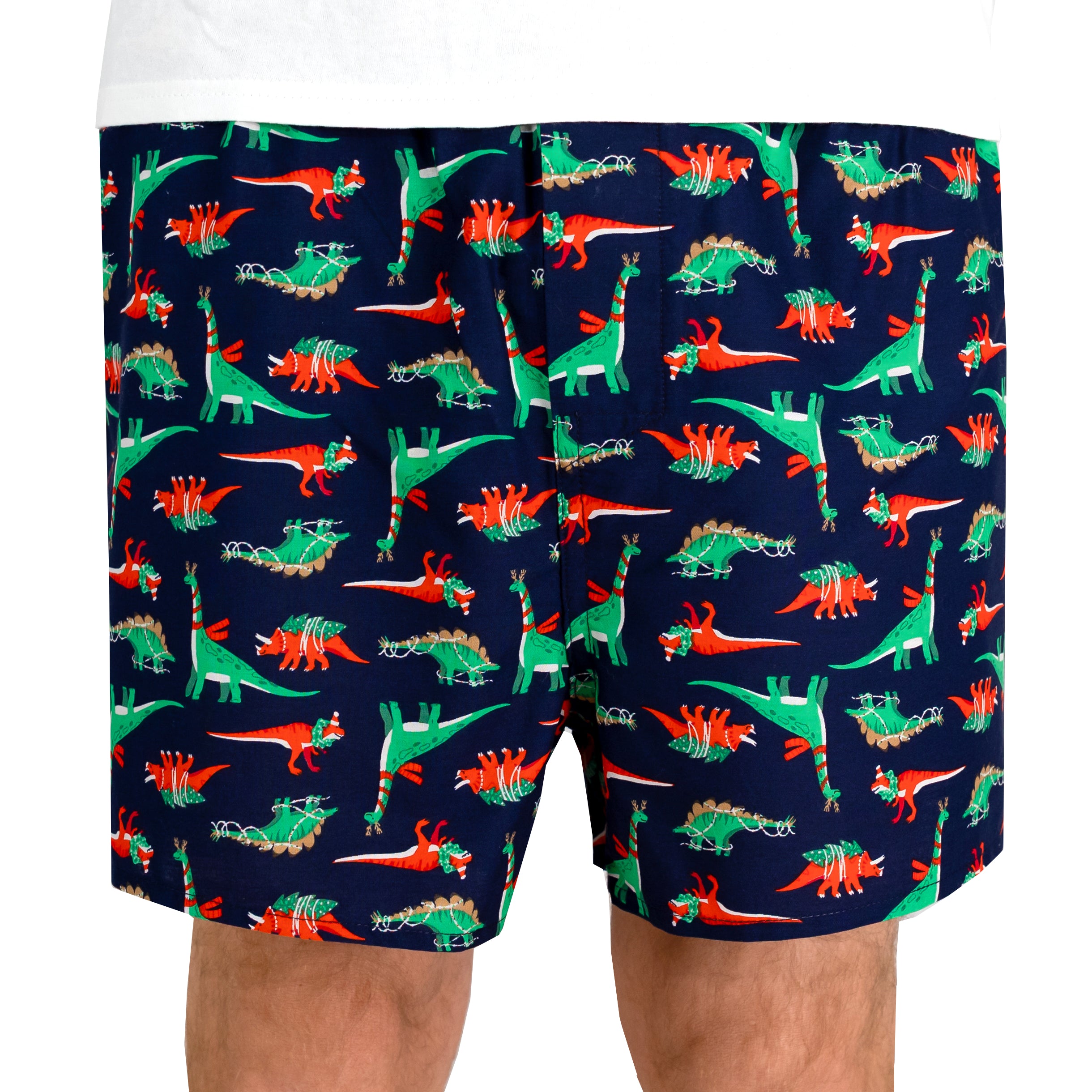 Men's Festive Dinosaurs & Christmas Tree Print Cotton Boxer Shorts