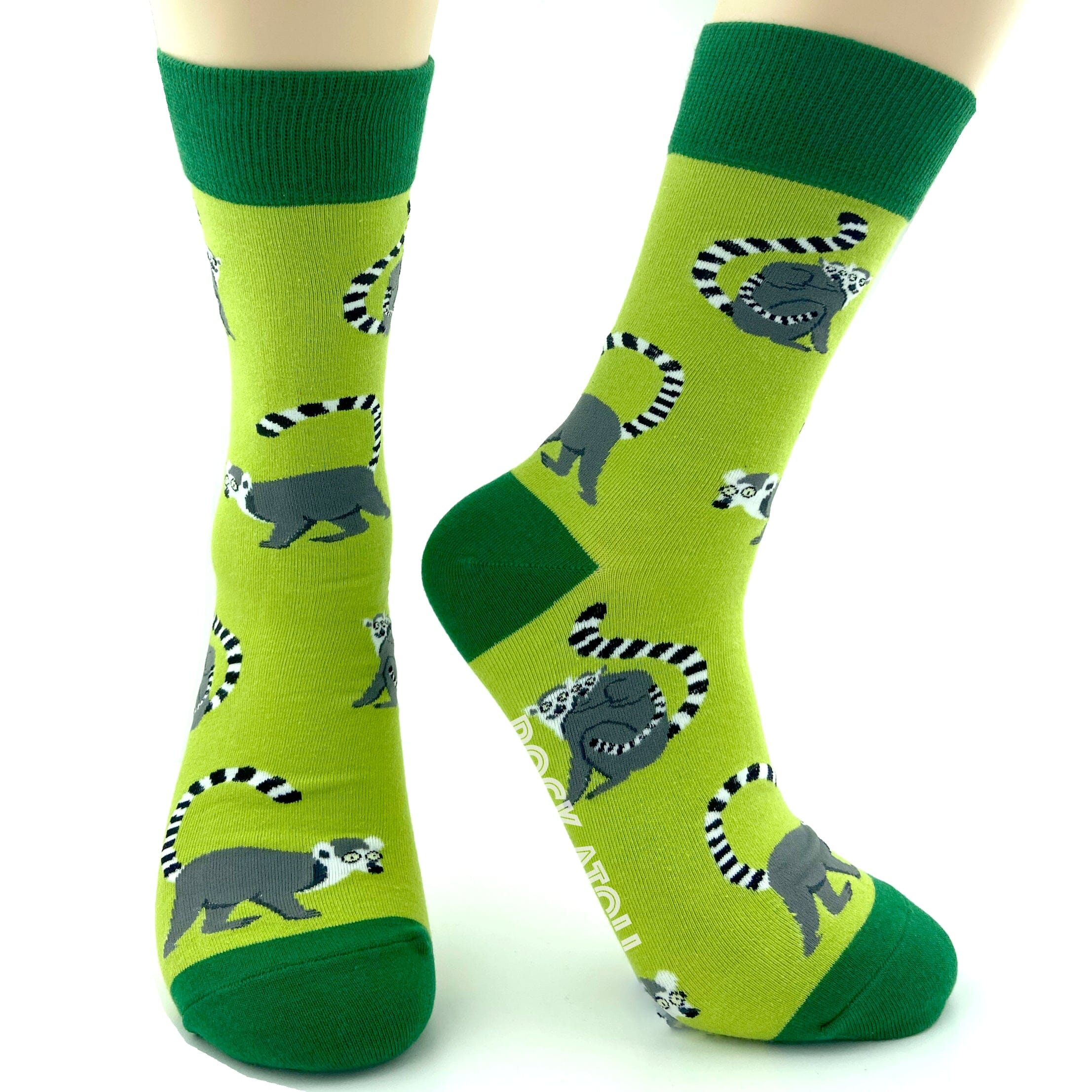 Bright Green Unisex Ring-Tailed Lemur Patterned Novelty Crew Socks