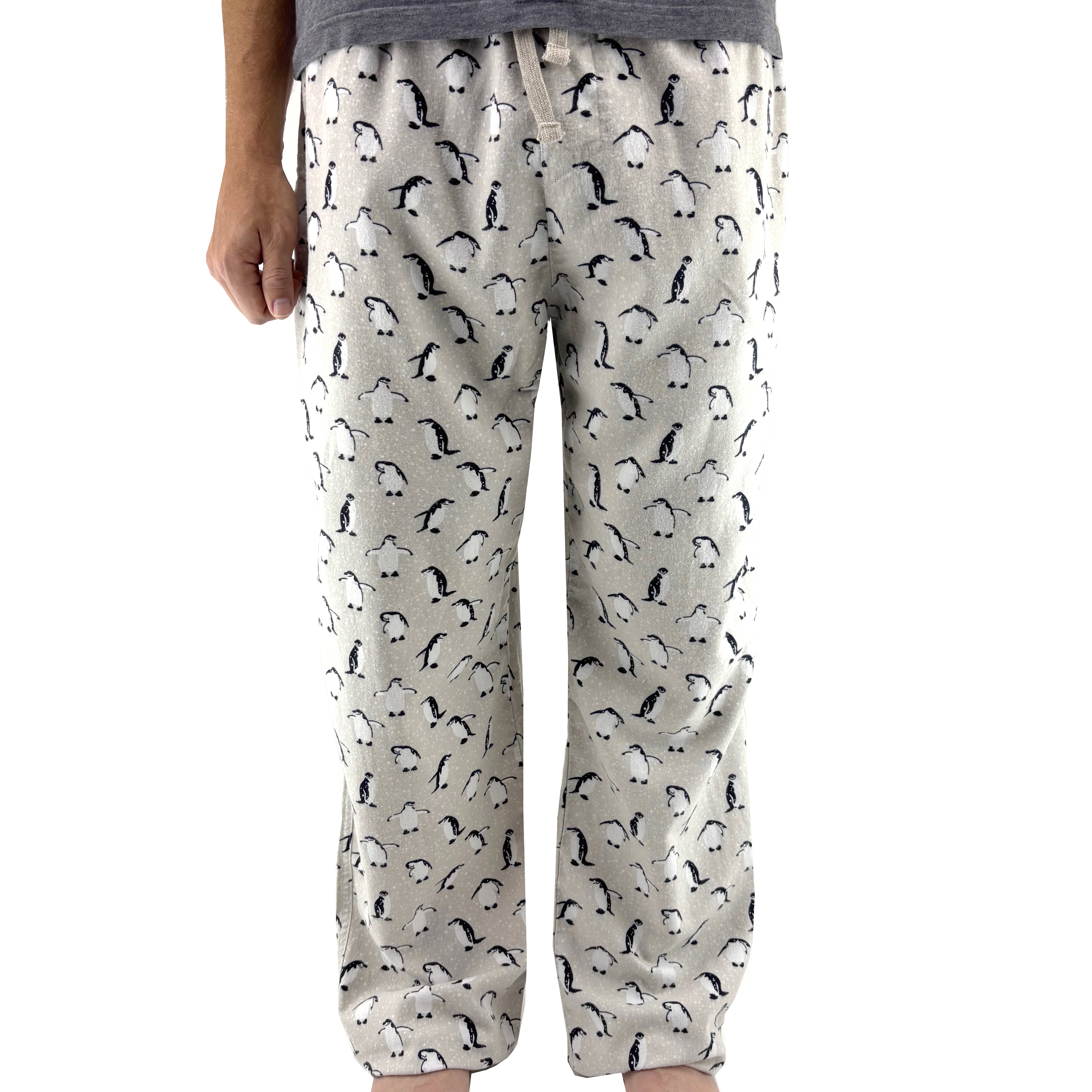 Pajama pants with penguin pattern on a white background