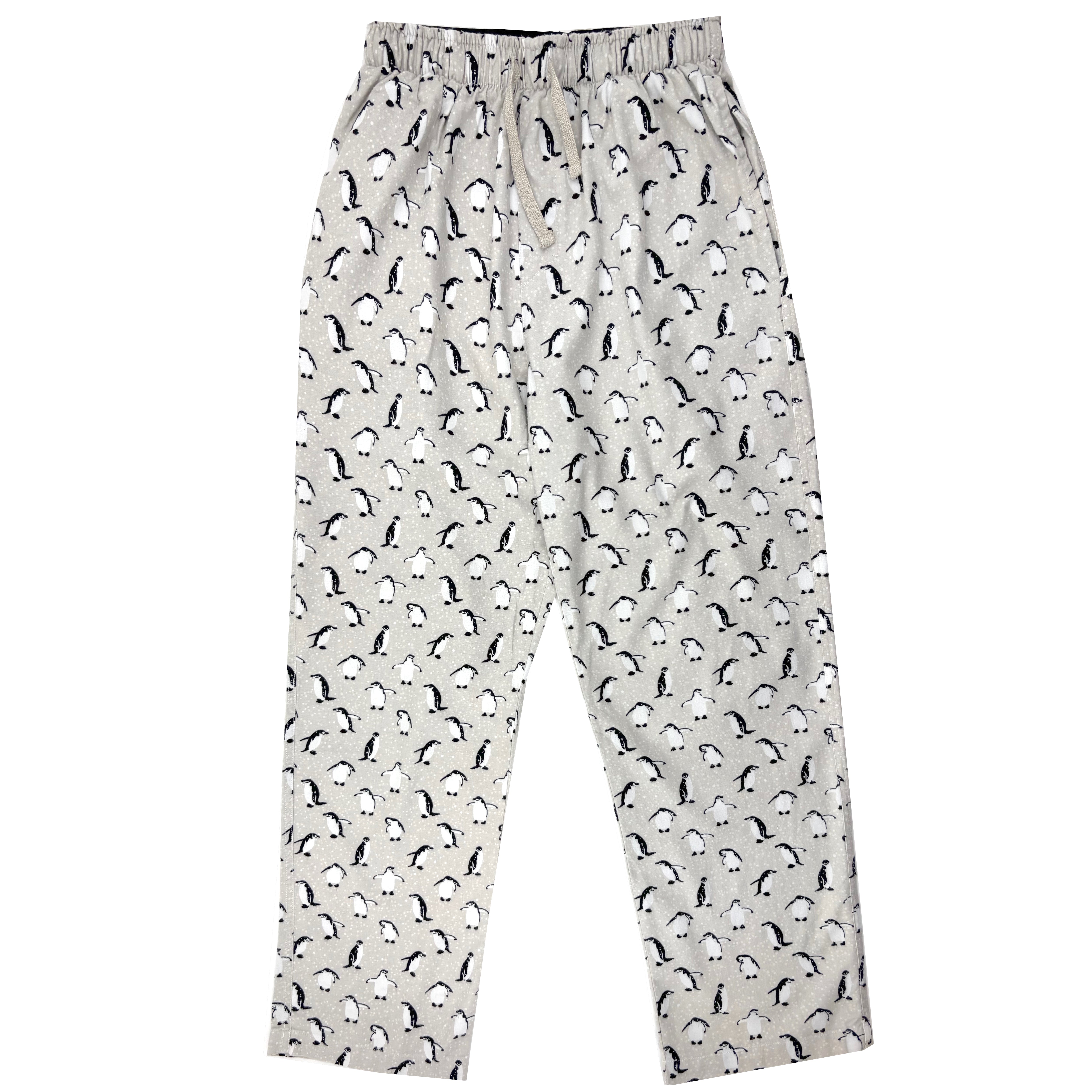 White pajama pants with black animal pattern on a white background