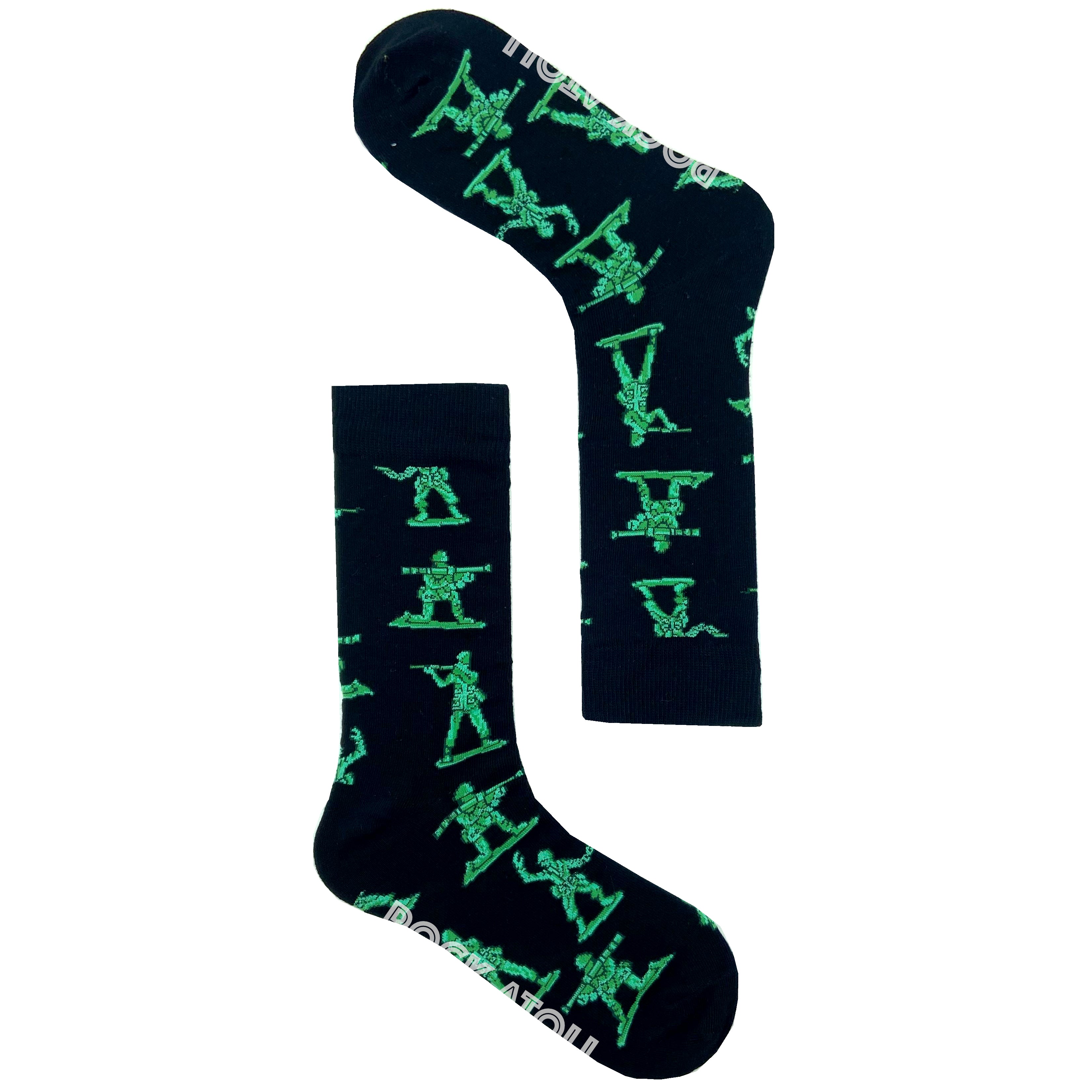 Little Green Army Toy Soldier Patterned Novelty Crew Socks in Black