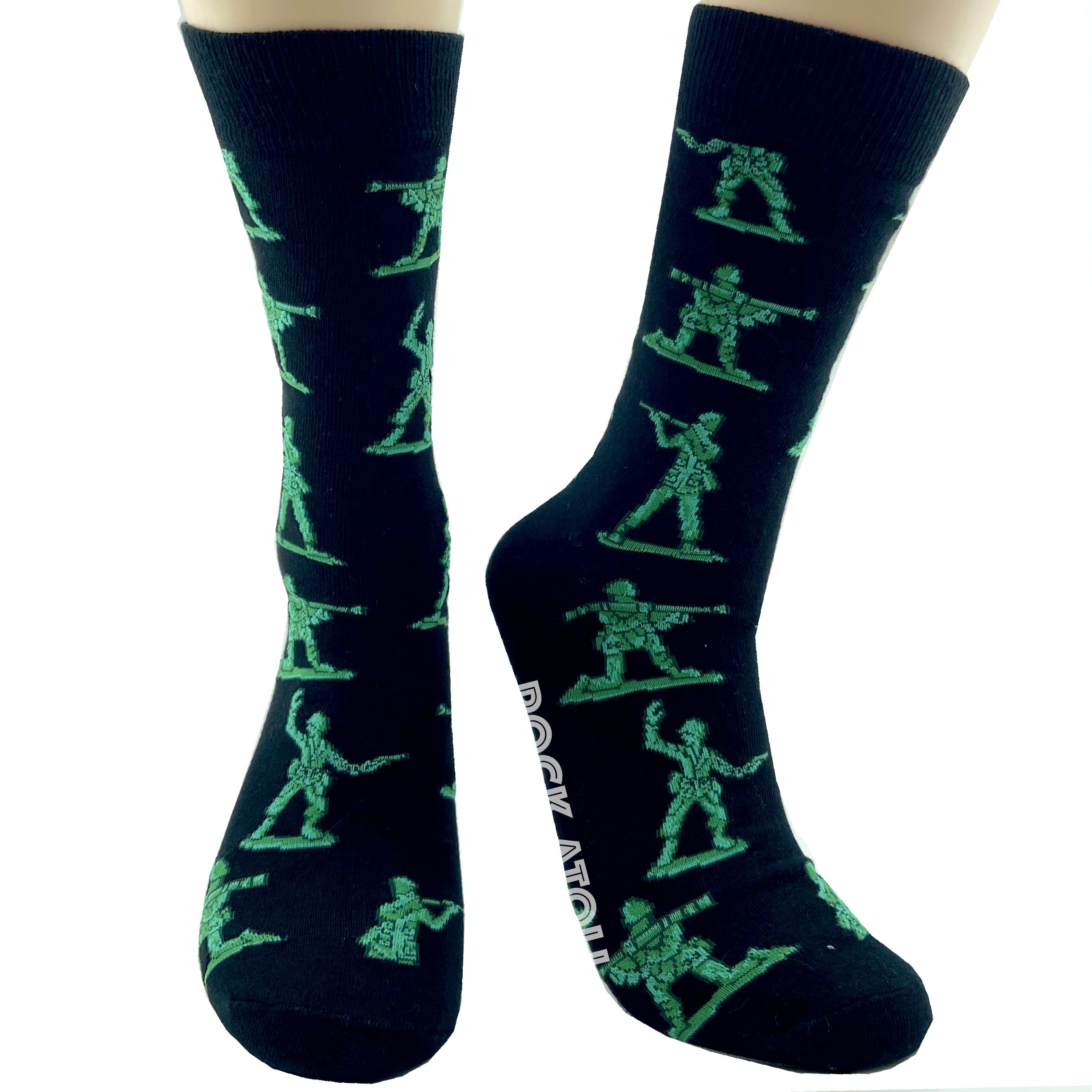 Little Green Army Toy Soldier Patterned Novelty Crew Socks in Black