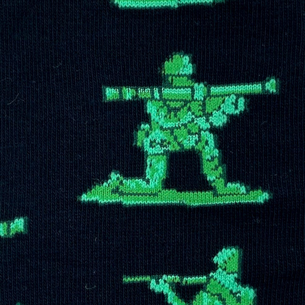 Little Green Army Toy Soldier Patterned Novelty Crew Socks in Black