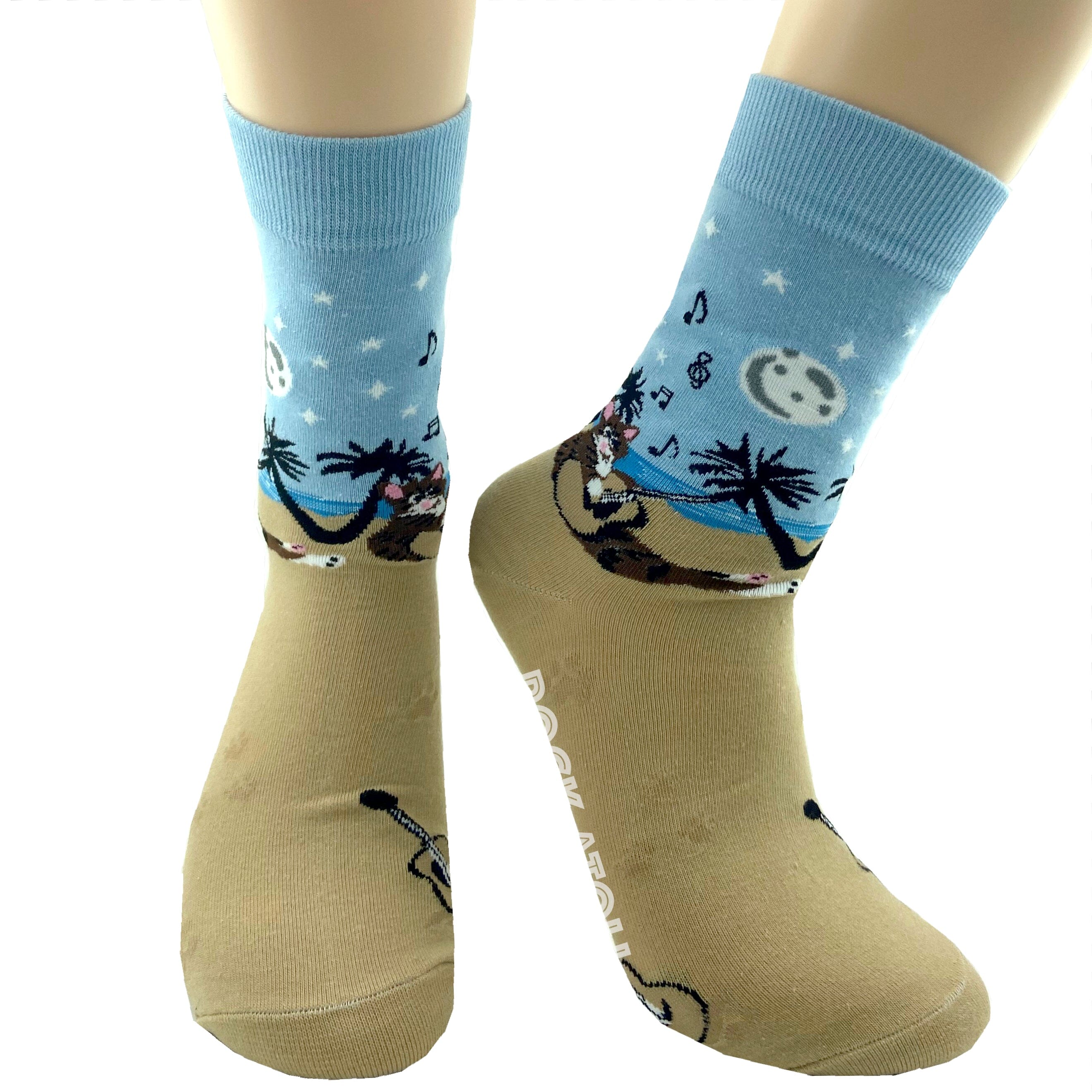 Kitty Cat Playing The Guitar On the Beach All Over Print Novelty Socks