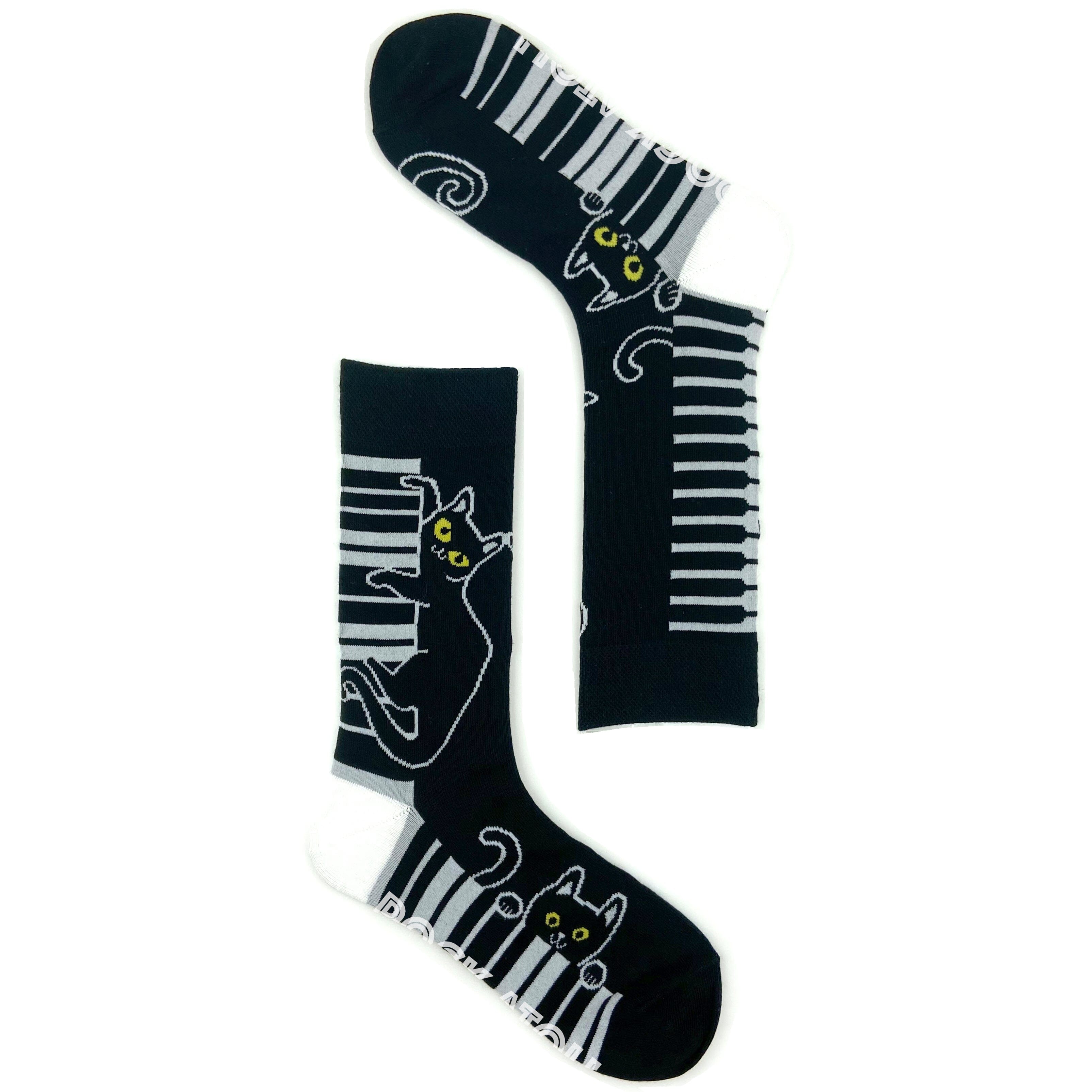 Musical Black Kitty Cat and Piano Keyboard Patterned Novelty Socks