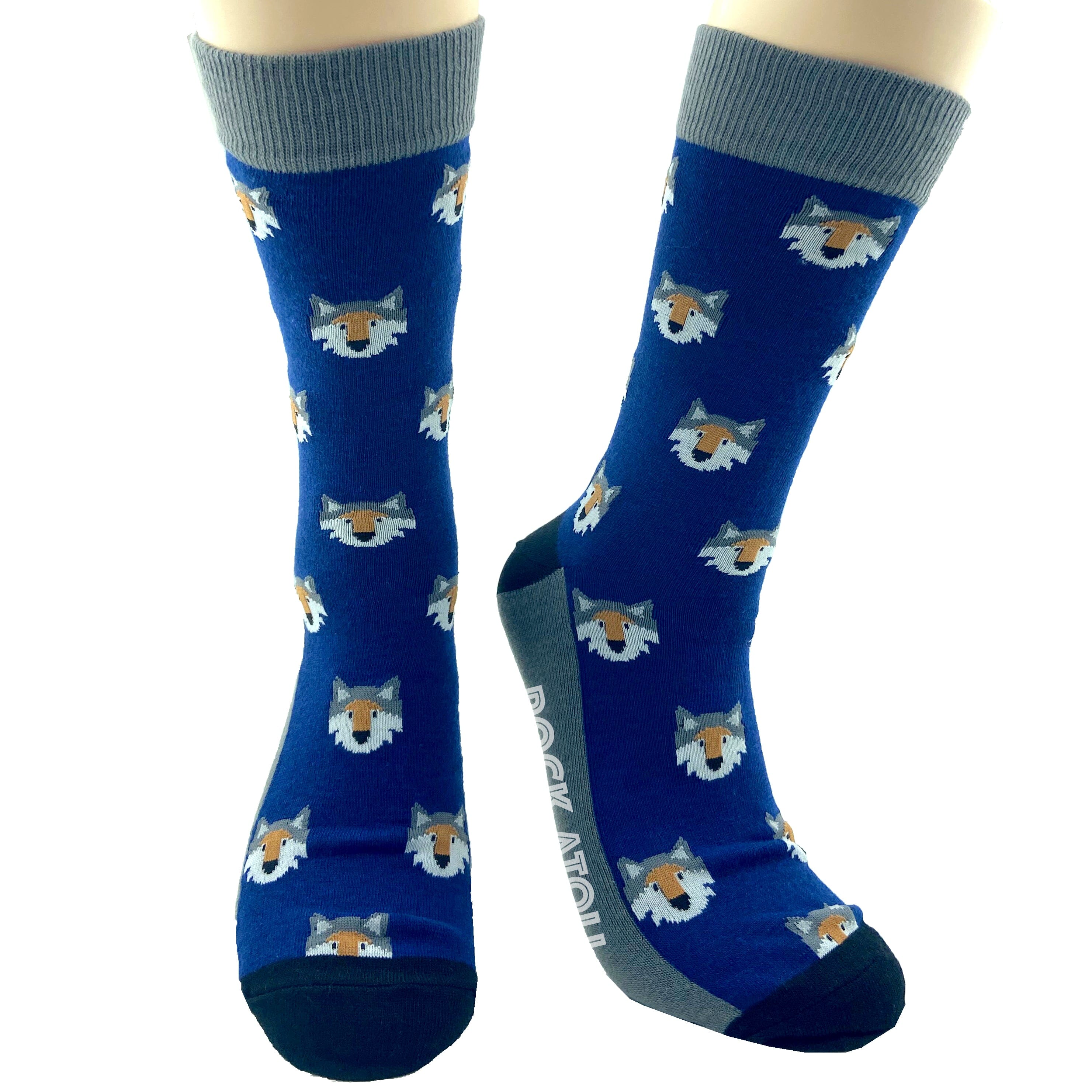 Unisex Navy Blue Wild Wolves Patterned Cotton Novelty Crew Socks