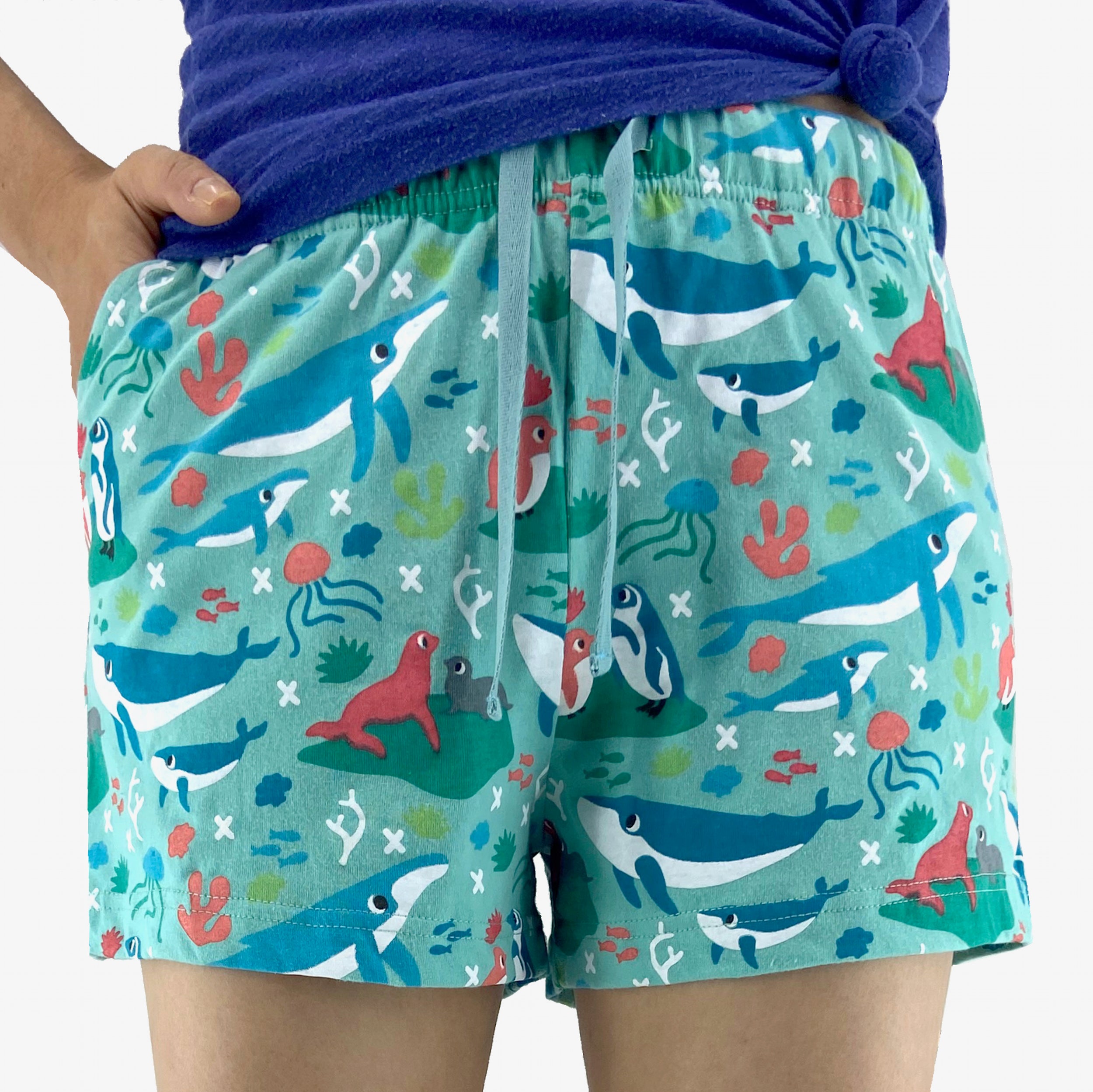 Women's Blue Ocean Sea Creatures Whale Patterned Cotton Pajama Shorts