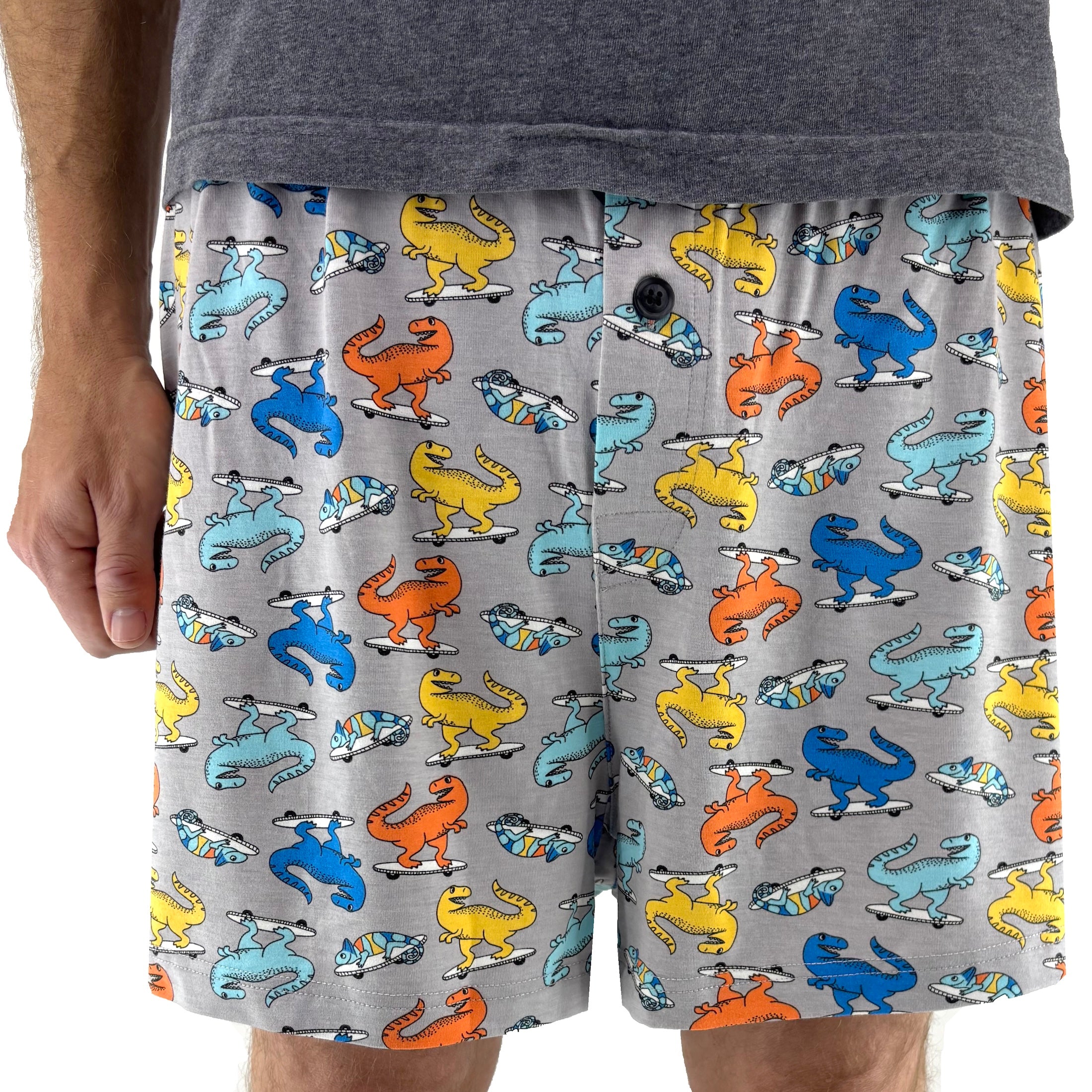 Men's Cartoon Dinosaurs on Skateboards Print Cotton Knit Pajama Shorts