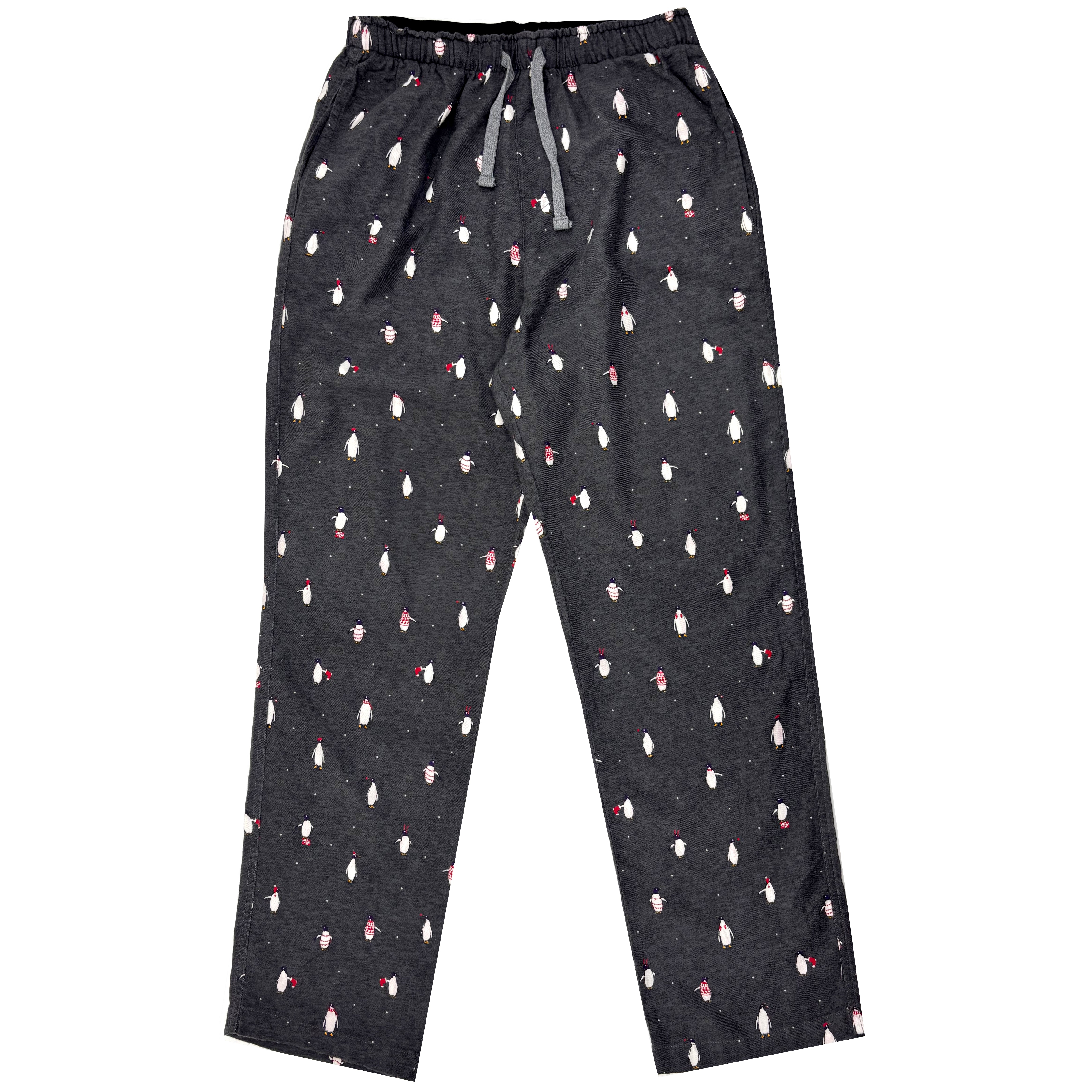 Dark gray pajama pants with a pattern on a white background