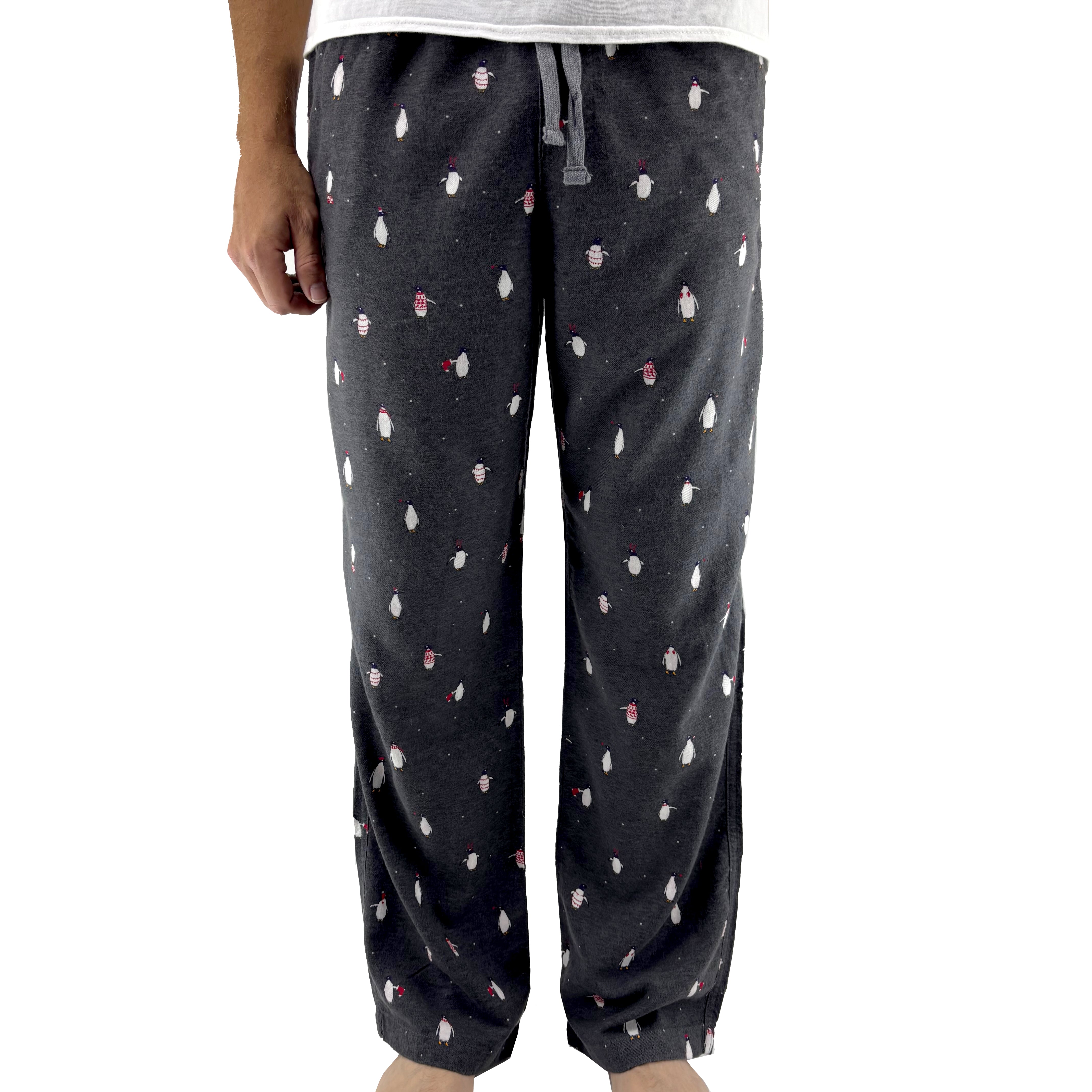 Dark gray pajama pants with small colorful patterns on a white background