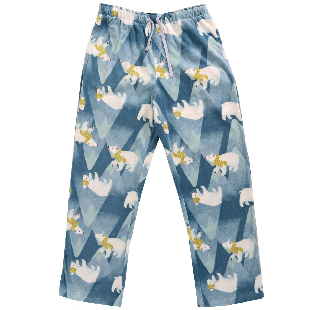 Blue patterned lounge pants featuring a repeating print of white polar bears wearing yellow scarves, with a white elastic waistband and drawstring.