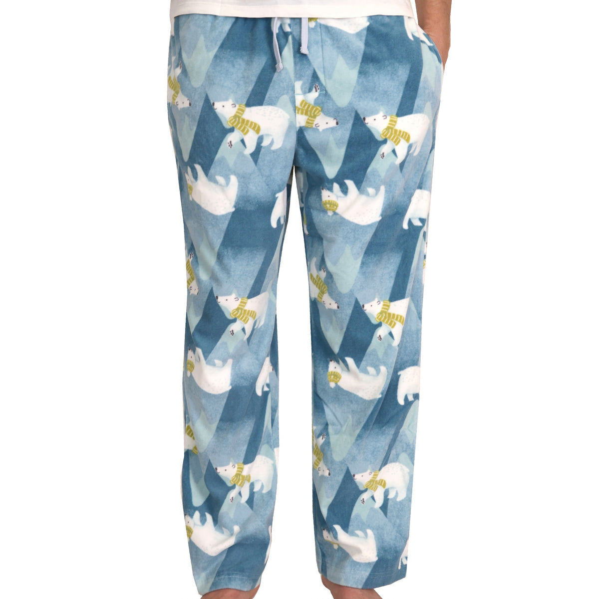 Blue patterned lounge pants with a white and yellow polar bear print, shown on a model from the waist down against a white background.